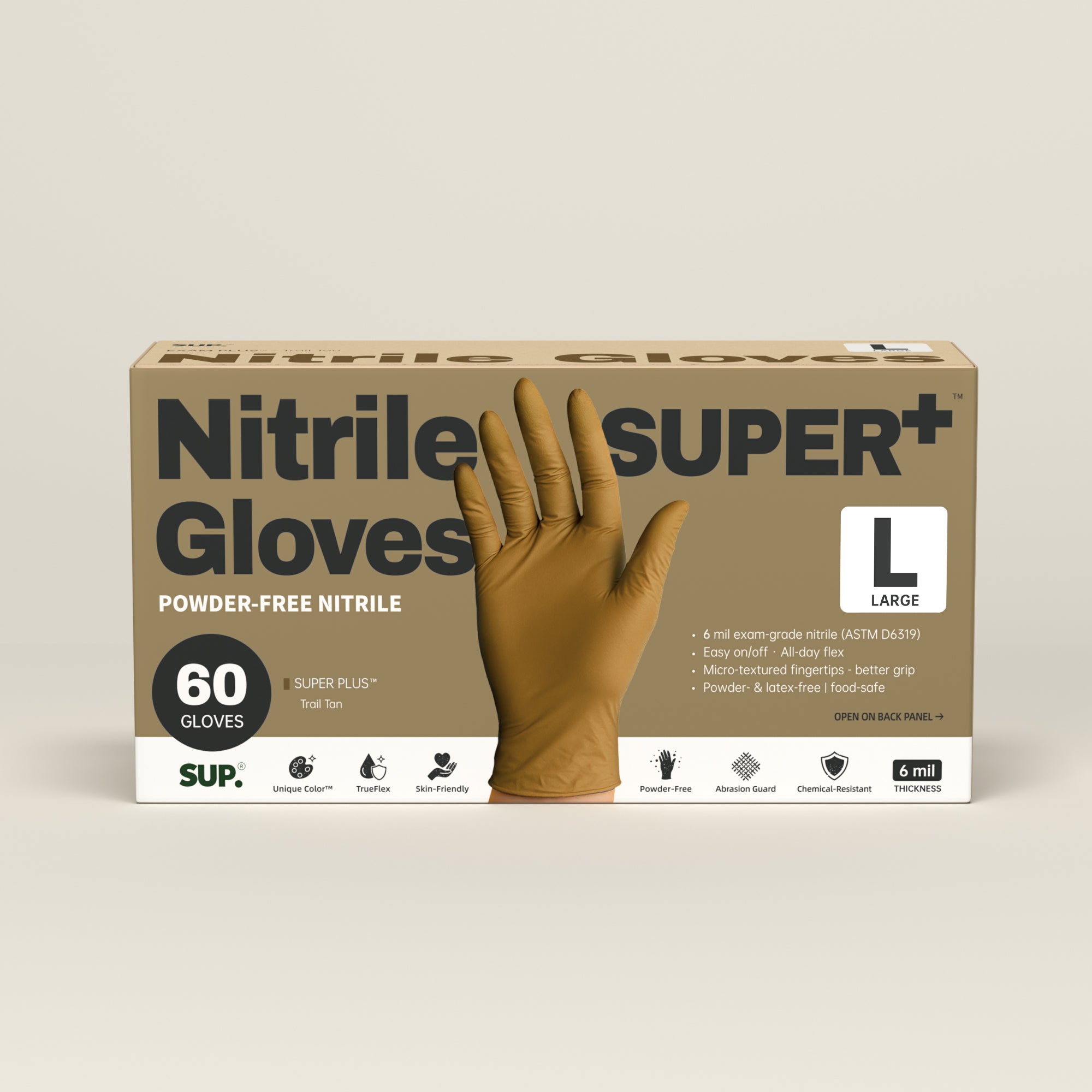 SUPER+ Nitrile Gloves HEAVY DUTY 6 Mil Disposable Powder &amp; Latex Free Medical For Multi-use Household Home Cleaning Cooking Gardening 60 Ct Tan