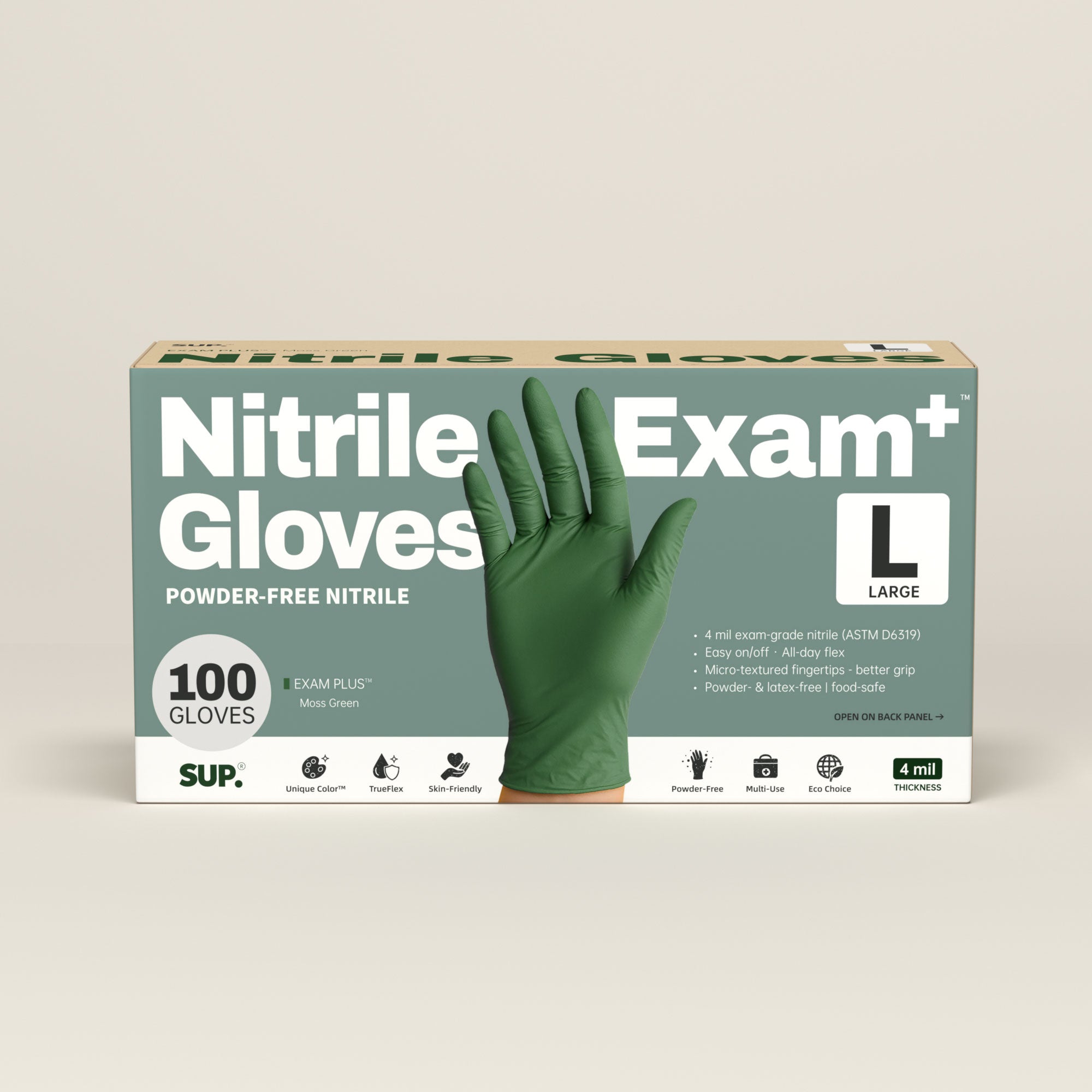 SUP Nitrile Gloves, 100 Count, Powder &amp; Latex Free Medical Non-Sterile Disposable Glove, Green