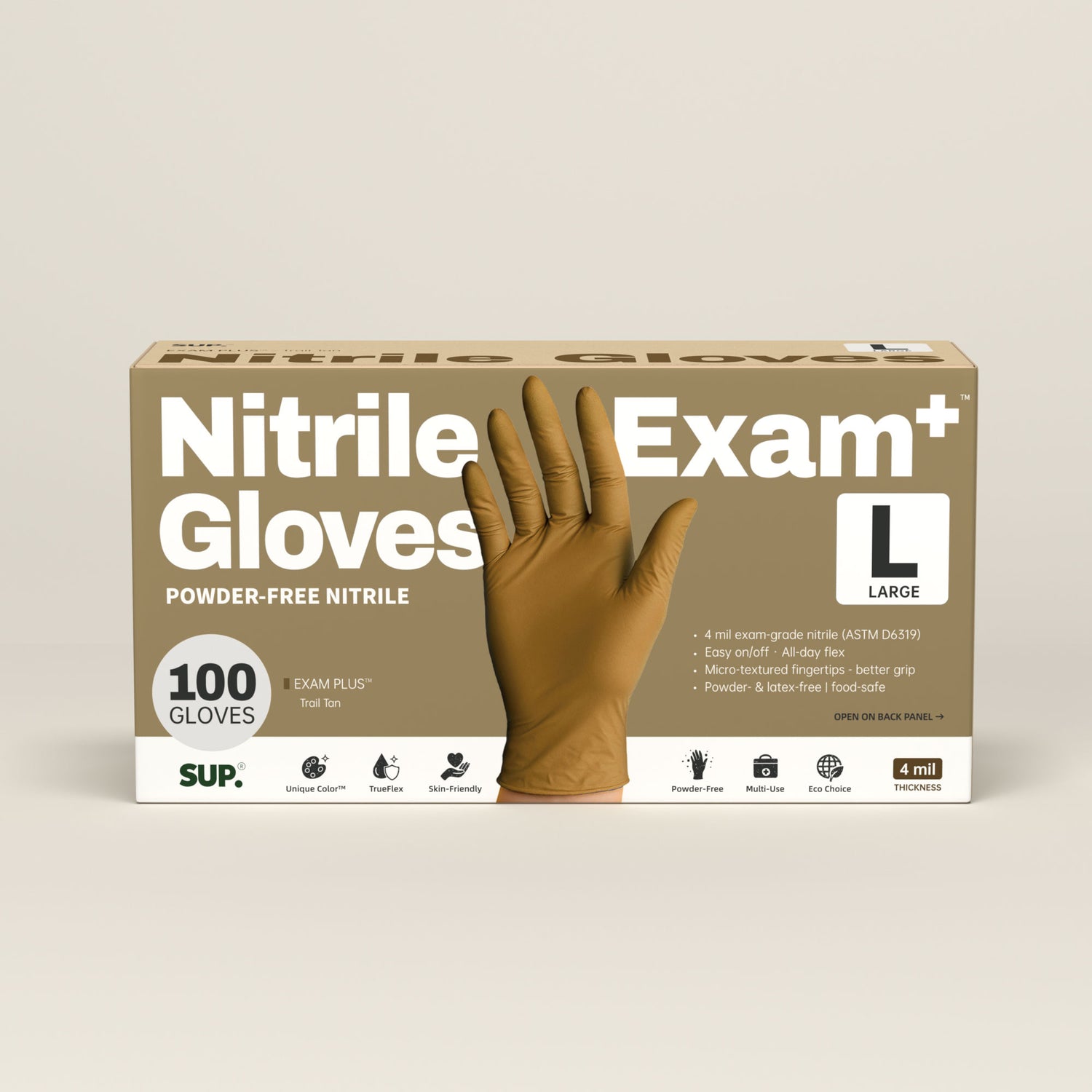 SUP Nitrile Gloves, 100 Count, Powder &amp; Latex Free Medical Non-Sterile Disposable Glove, Tan
