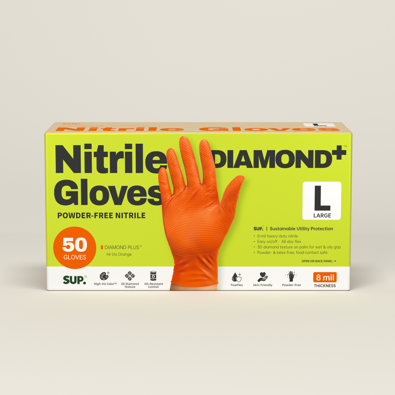 SUPER+ HEAVY DUTY Nitrile Gloves 8 Mil Diamond Texture Disposable Chemical Resistant Powder &amp;Latex Free Food Safe Orange 50Ct
