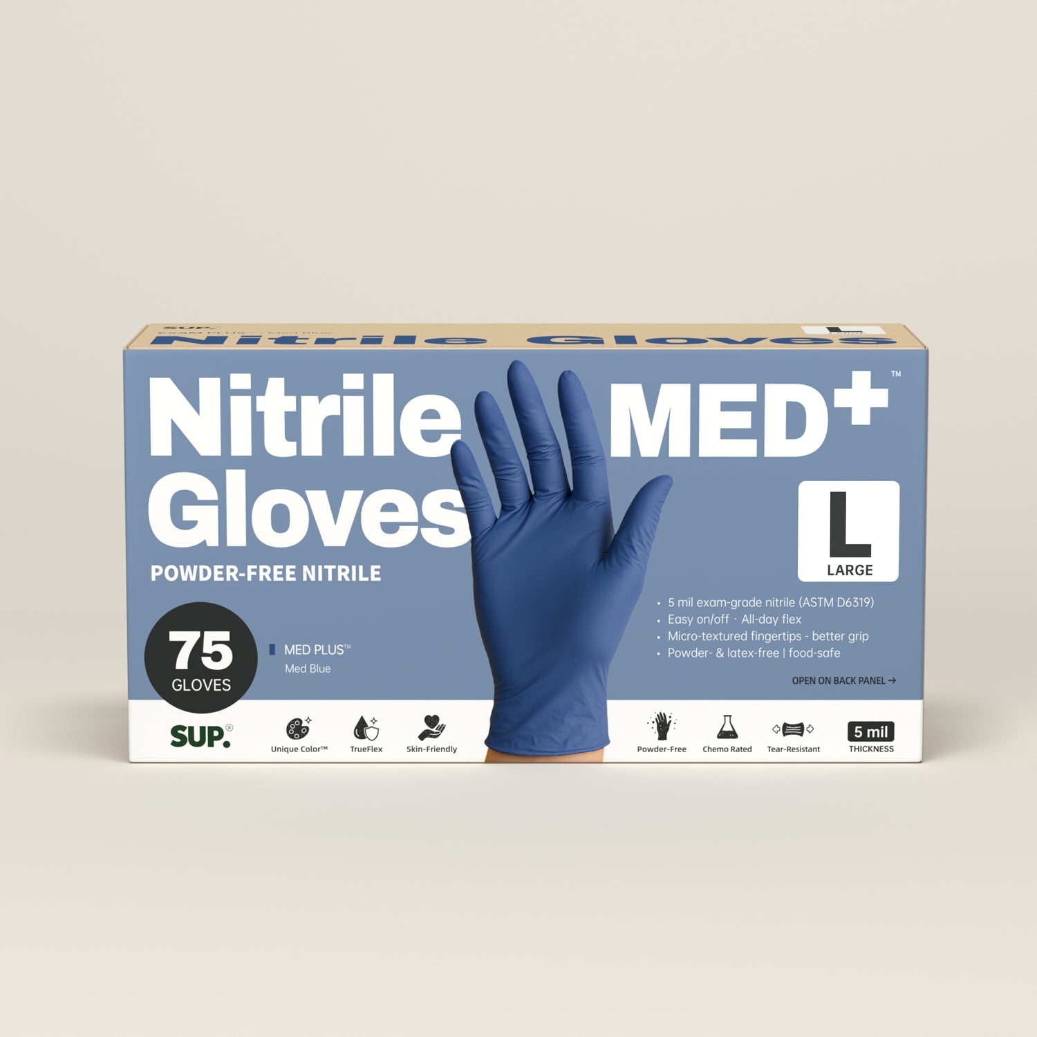 SUP Disposable Nitrile Gloves, 100 Count, Med Blue