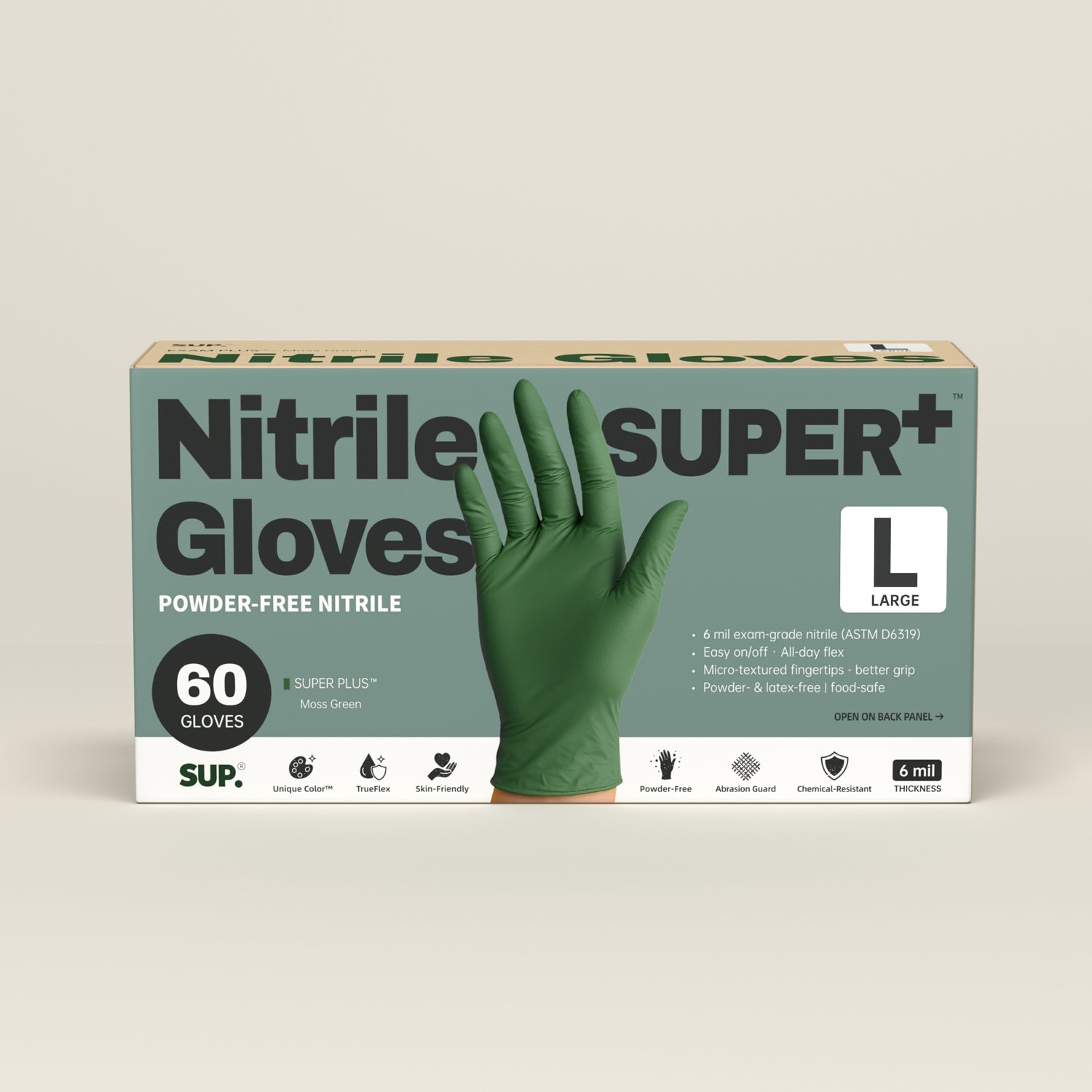 SUPER+ Nitrile Gloves HEAVY DUTY 6 Mil Disposable Powder &amp; Latex Free Medical For Multi-use Household Home Cleaning Cooking Gardening 60 Ct Green