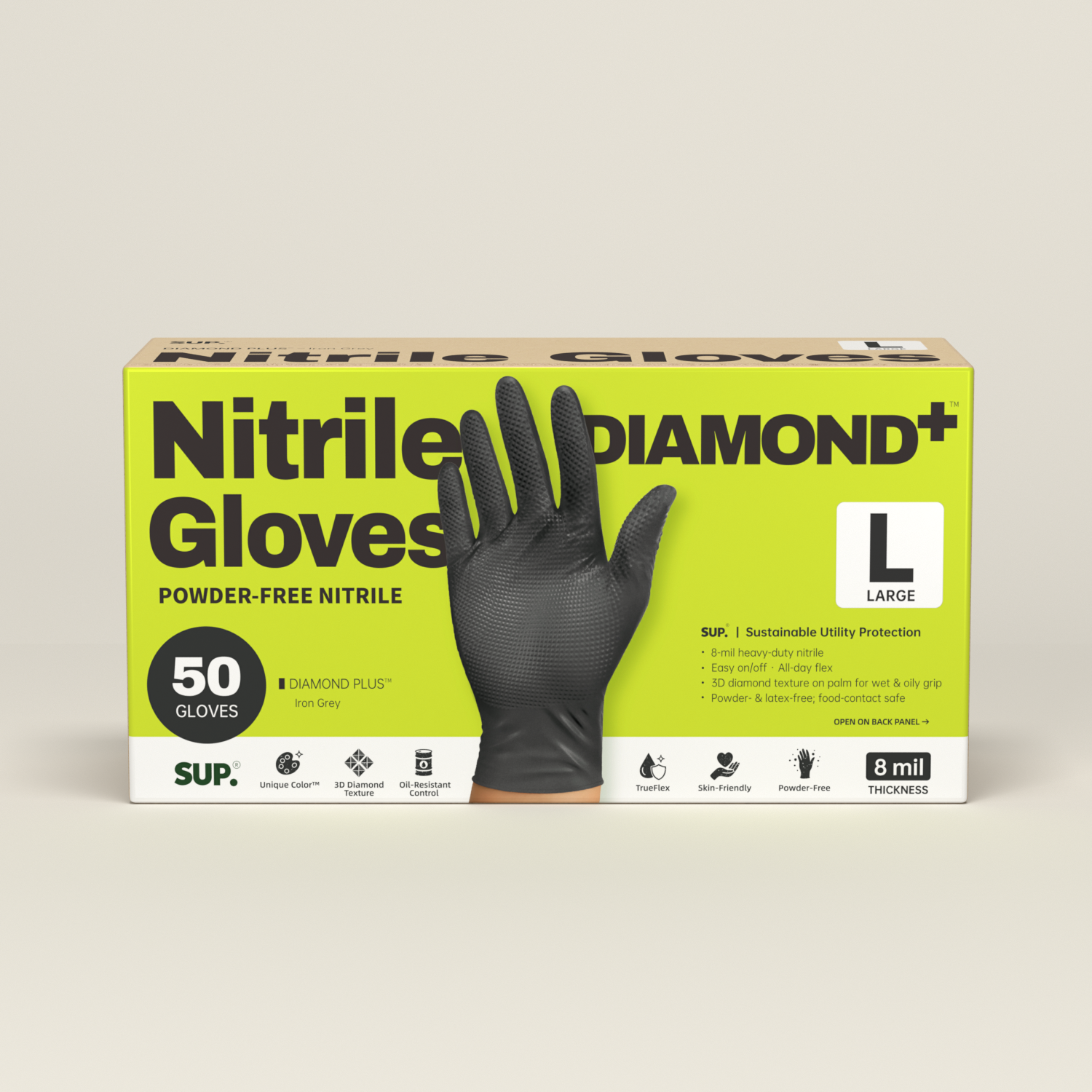 SUPER+ HEAVY DUTY Nitrile Gloves 8 Mil Diamond Texture Disposable Chemical Resistant Powder &amp;Latex Free Food Safe Black 50 Ct
