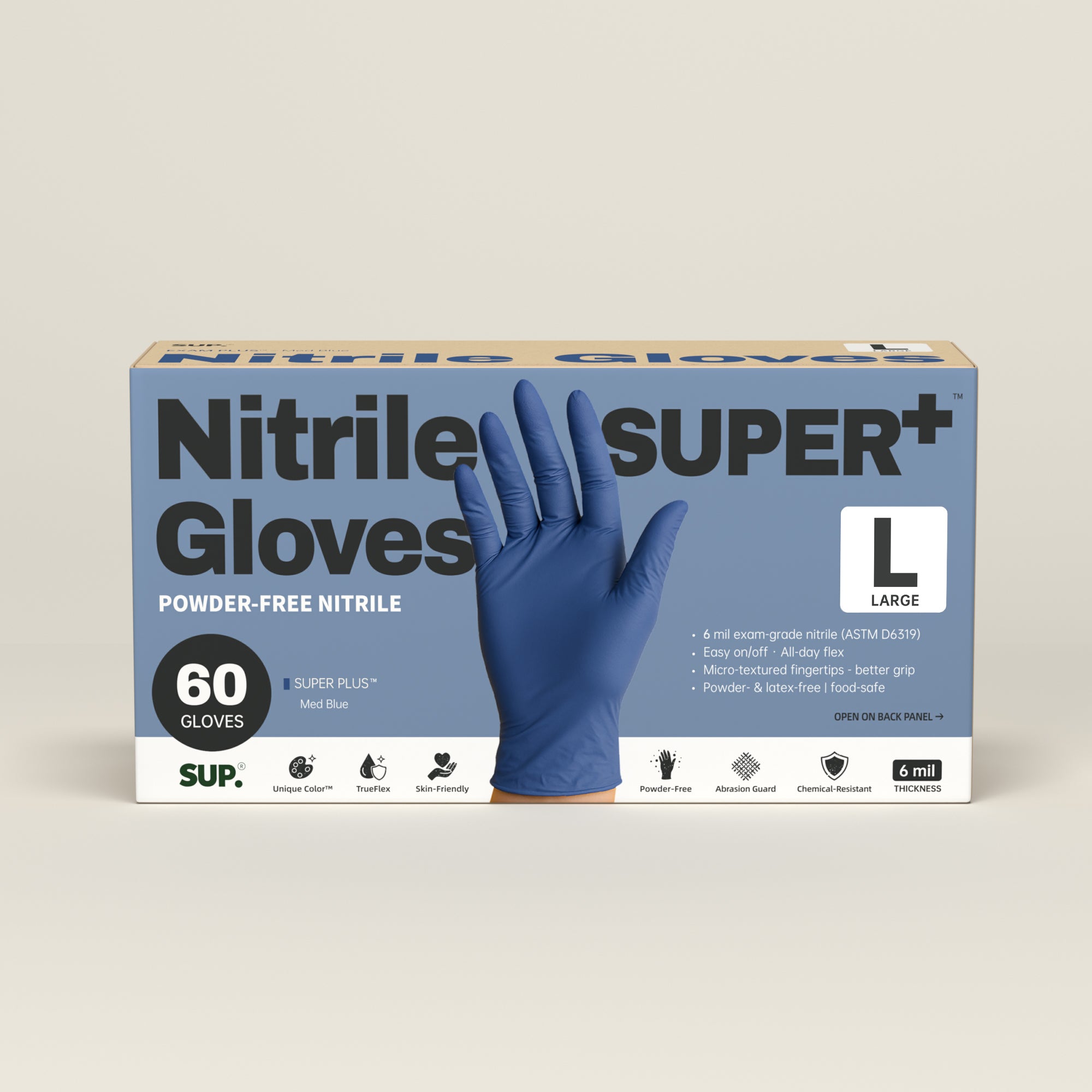 SUPER+ Nitrile Gloves HEAVY DUTY 6 Mil Disposable Powder &amp; Latex Free Medical For Multi-use Household Home Cleaning Cooking Gardening 60 Ct Med Blue
