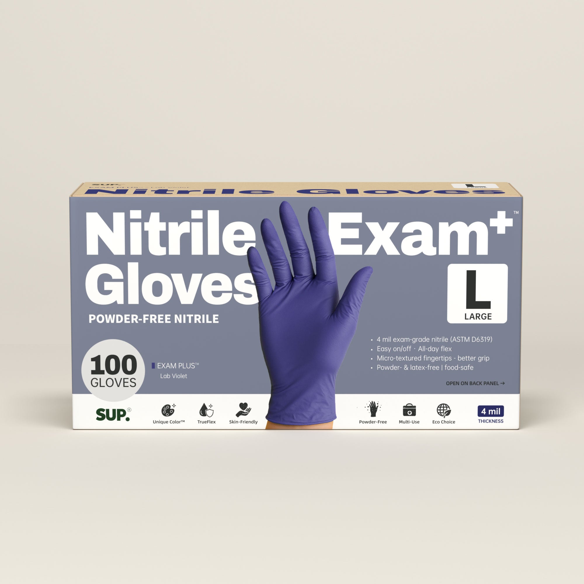 SUP Nitrile Gloves, 100 Count, Powder &amp; Latex Free Medical Non-Sterile Disposable Glove, Blue Violet