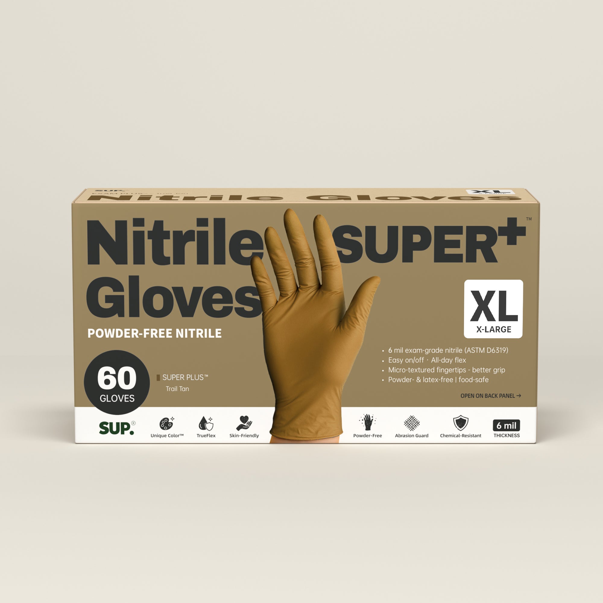 SUPER+ Nitrile Gloves HEAVY DUTY 6 Mil Disposable Powder &amp; Latex Free Medical For Multi-use Household Home Cleaning Cooking Gardening 60 Ct Tan