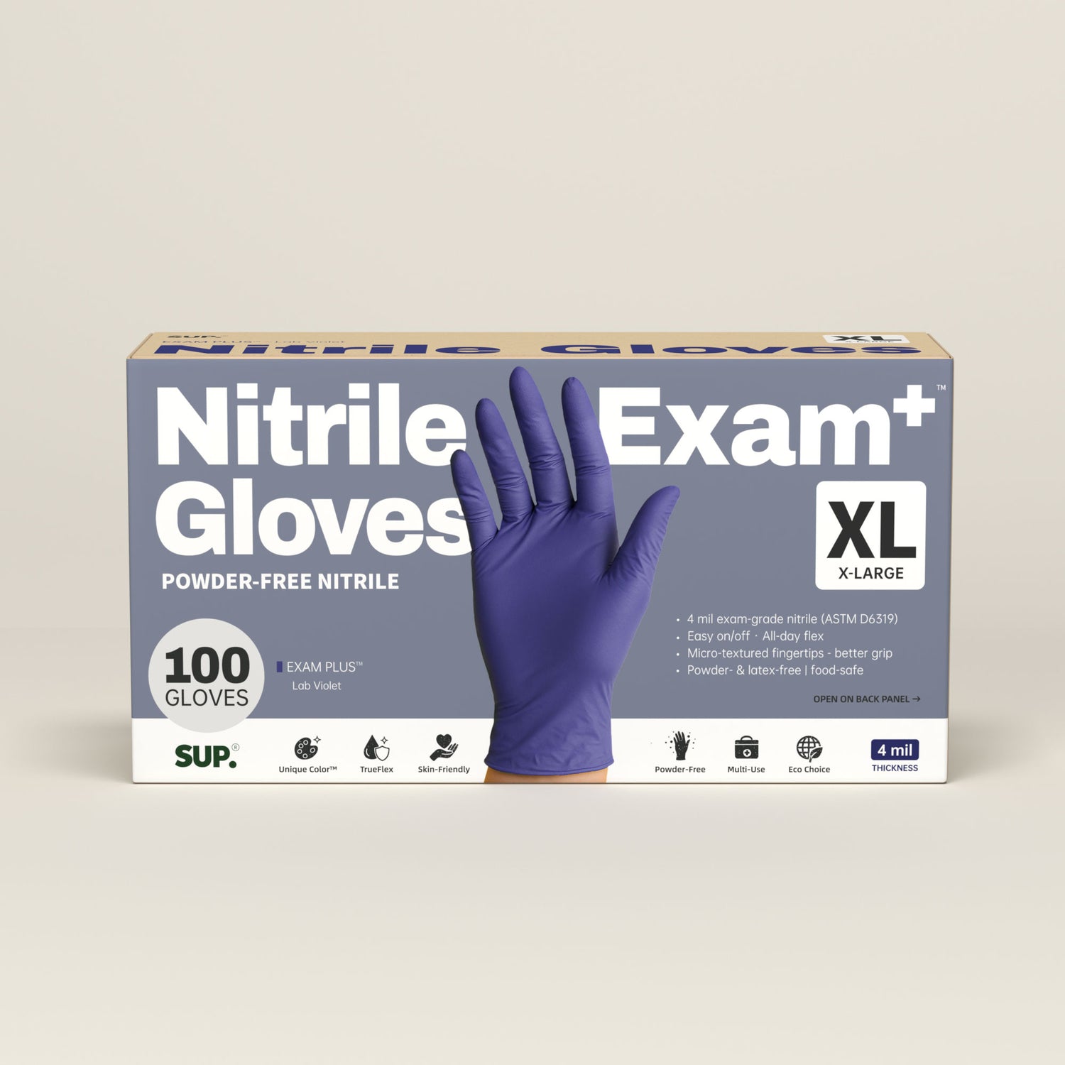 SUP Nitrile Gloves, 100 Count, Powder &amp; Latex Free Medical Non-Sterile Disposable Glove, Blue Violet