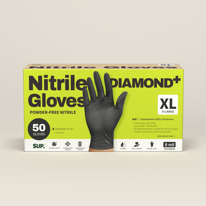 SUPER+ HEAVY DUTY Nitrile Gloves 8 Mil Diamond Texture Disposable Chemical Resistant Powder &amp;Latex Free Food Safe Black 50 Ct