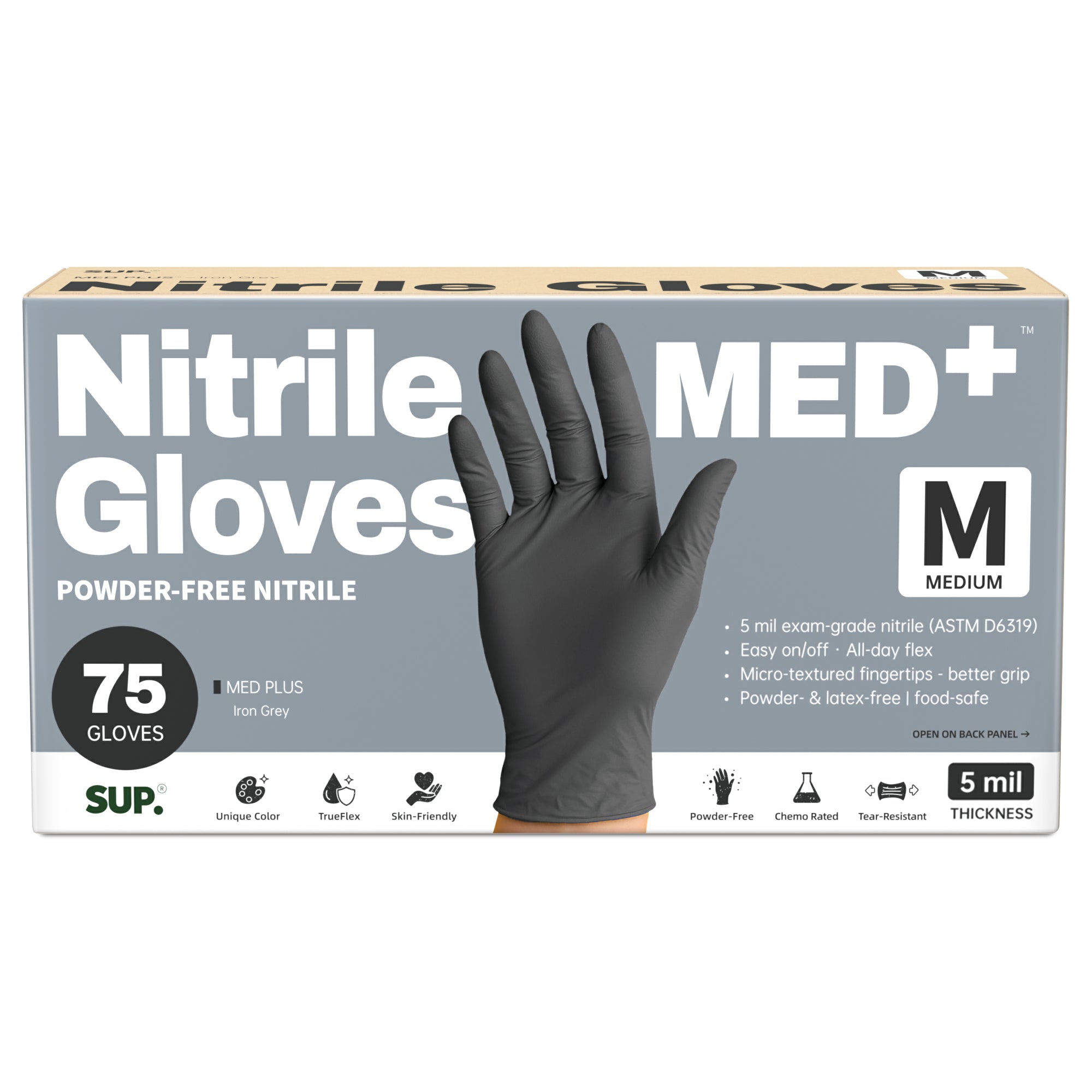 SUP MED+ Black Nitrile Gloves, 5 MIL Extra Durable Medical Disposable Gloves Latex &amp; Powder Free Food Safe Cooking 75 Ct