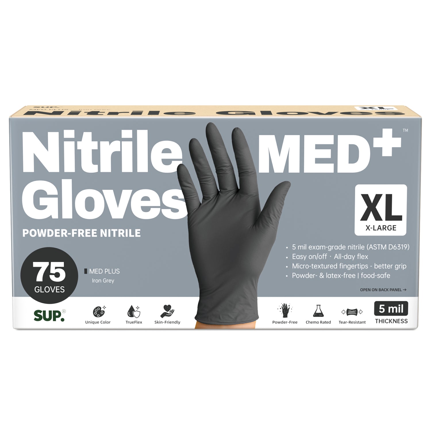 SUP MED+ Black Nitrile Gloves, 5 MIL Extra Durable Medical Disposable Gloves Latex &amp; Powder Free Food Safe Cooking 75 Ct