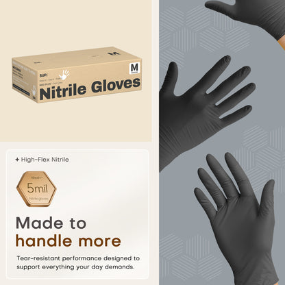 SUP MED+ Black Nitrile Gloves, 5 MIL Extra Durable Medical Disposable Gloves Latex &amp; Powder Free Food Safe Cooking 75 Ct