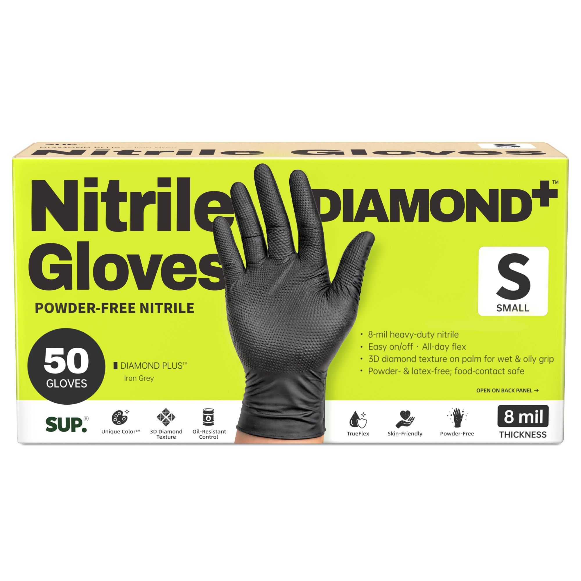 SUPER+ HEAVY DUTY Nitrile Gloves 8 Mil Diamond Texture Disposable Chemical Resistant Powder &amp;Latex Free Food Safe Black 50 Ct
