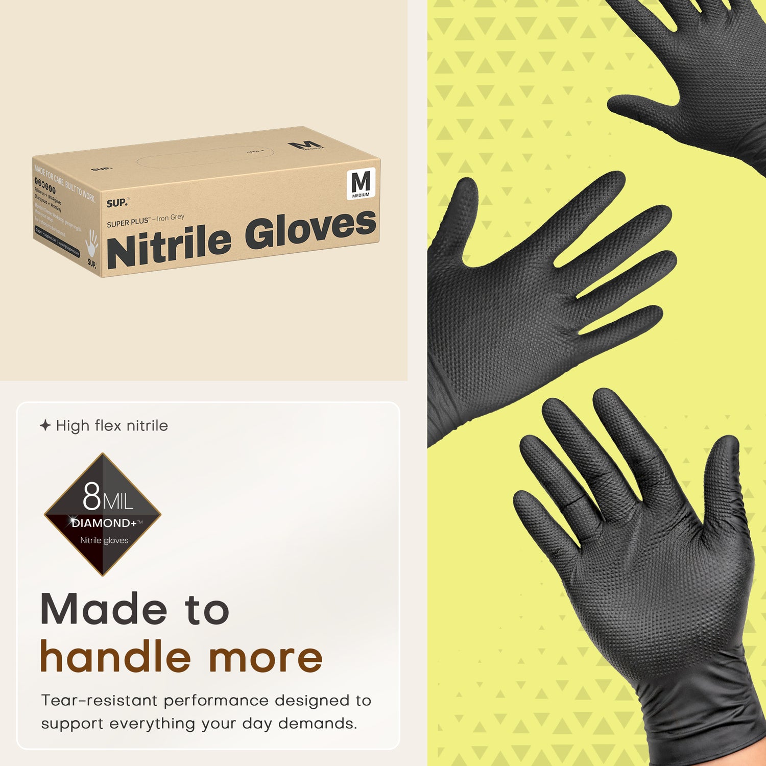 SUPER+ HEAVY DUTY Nitrile Gloves 8 Mil Diamond Texture Disposable Chemical Resistant Powder &amp;Latex Free Food Safe Black 50 Ct