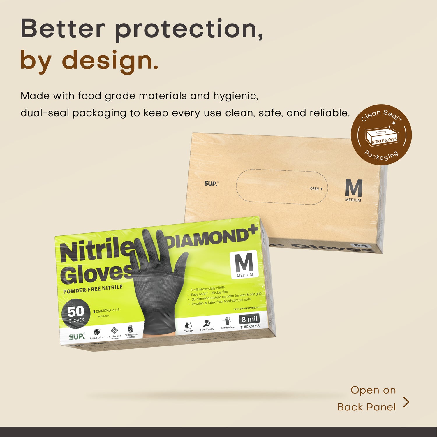 SUPER+ HEAVY DUTY Nitrile Gloves 8 Mil Diamond Texture Disposable Chemical Resistant Powder &amp;Latex Free Food Safe Black 50 Ct