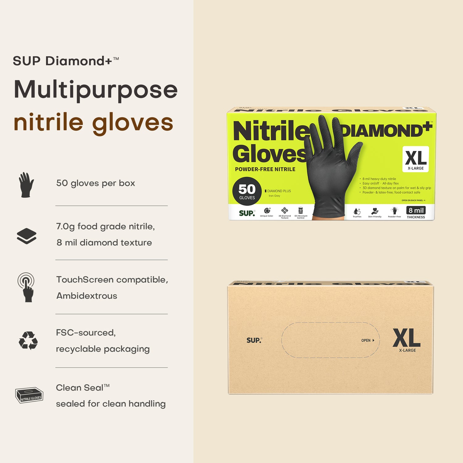 SUPER+ HEAVY DUTY Nitrile Gloves 8 Mil Diamond Texture Disposable Chemical Resistant Powder &amp;Latex Free Food Safe Black 50 Ct