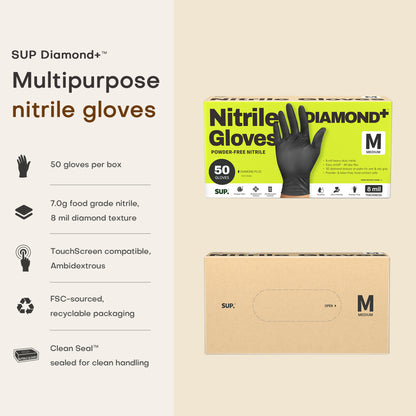 SUPER+ HEAVY DUTY Nitrile Gloves 8 Mil Diamond Texture Disposable Chemical Resistant Powder &amp;Latex Free Food Safe Black 50 Ct
