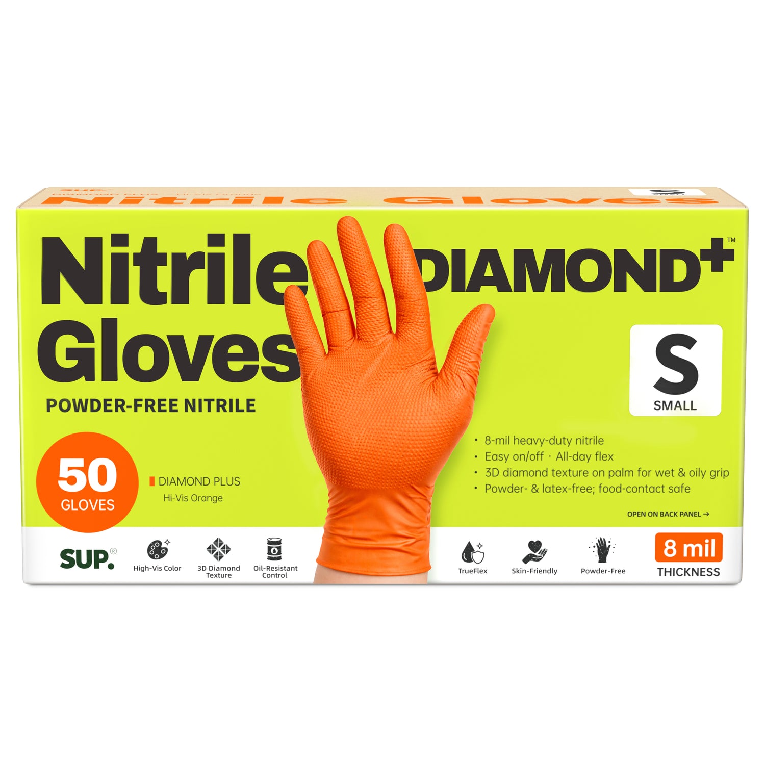 SUPER+ HEAVY DUTY Nitrile Gloves 8 Mil Diamond Texture Disposable Chemical Resistant Powder &amp;Latex Free Food Safe Orange 50Ct