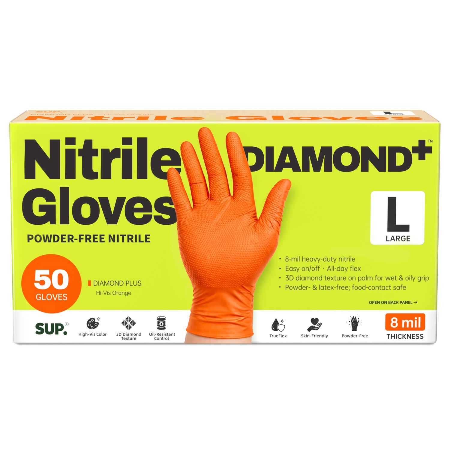 SUPER+ HEAVY DUTY Nitrile Gloves 8 Mil Diamond Texture Disposable Chemical Resistant Powder &amp;Latex Free Food Safe Orange 50Ct
