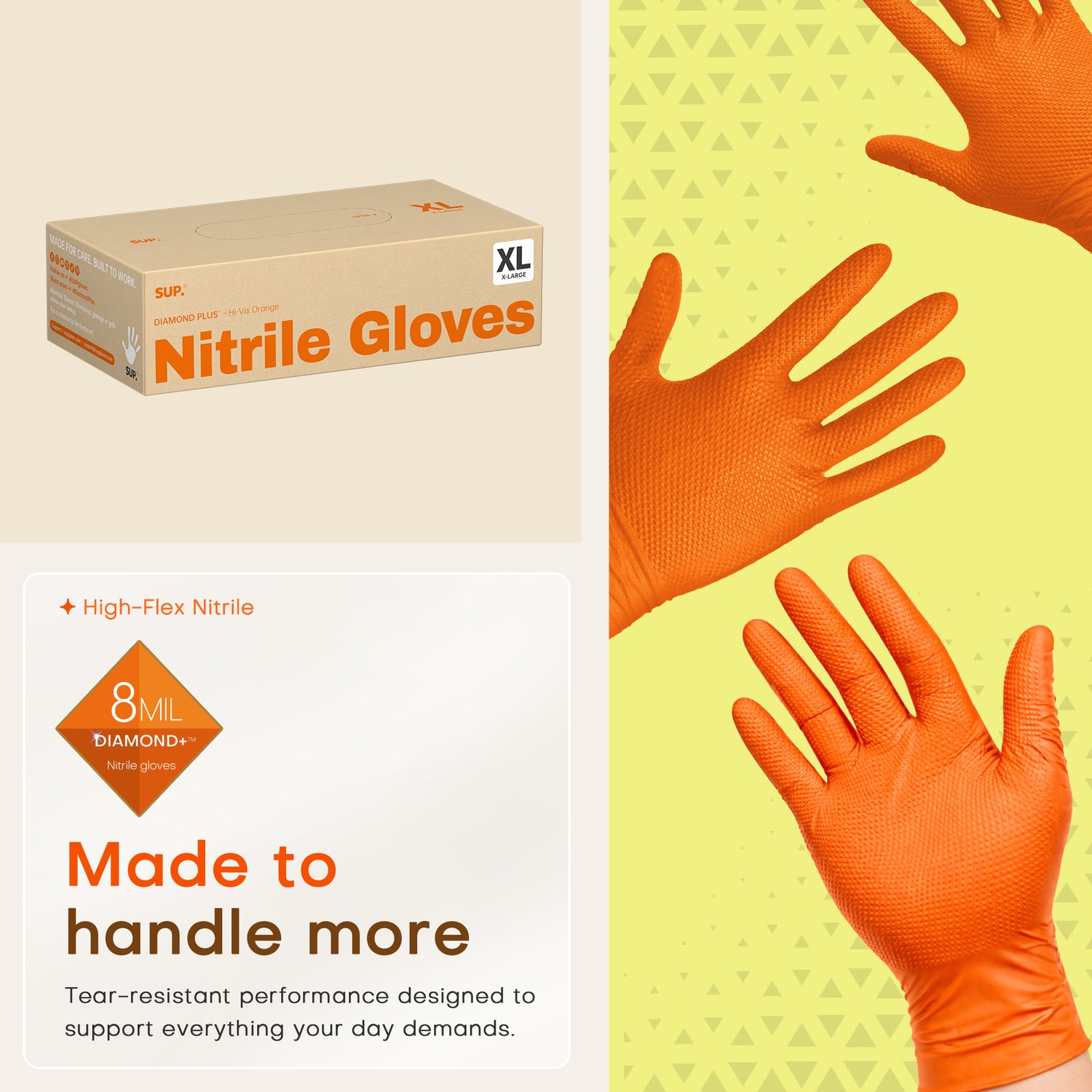 SUPER+ HEAVY DUTY Nitrile Gloves 8 Mil Diamond Texture Disposable Chemical Resistant Powder &amp;Latex Free Food Safe Orange 50Ct