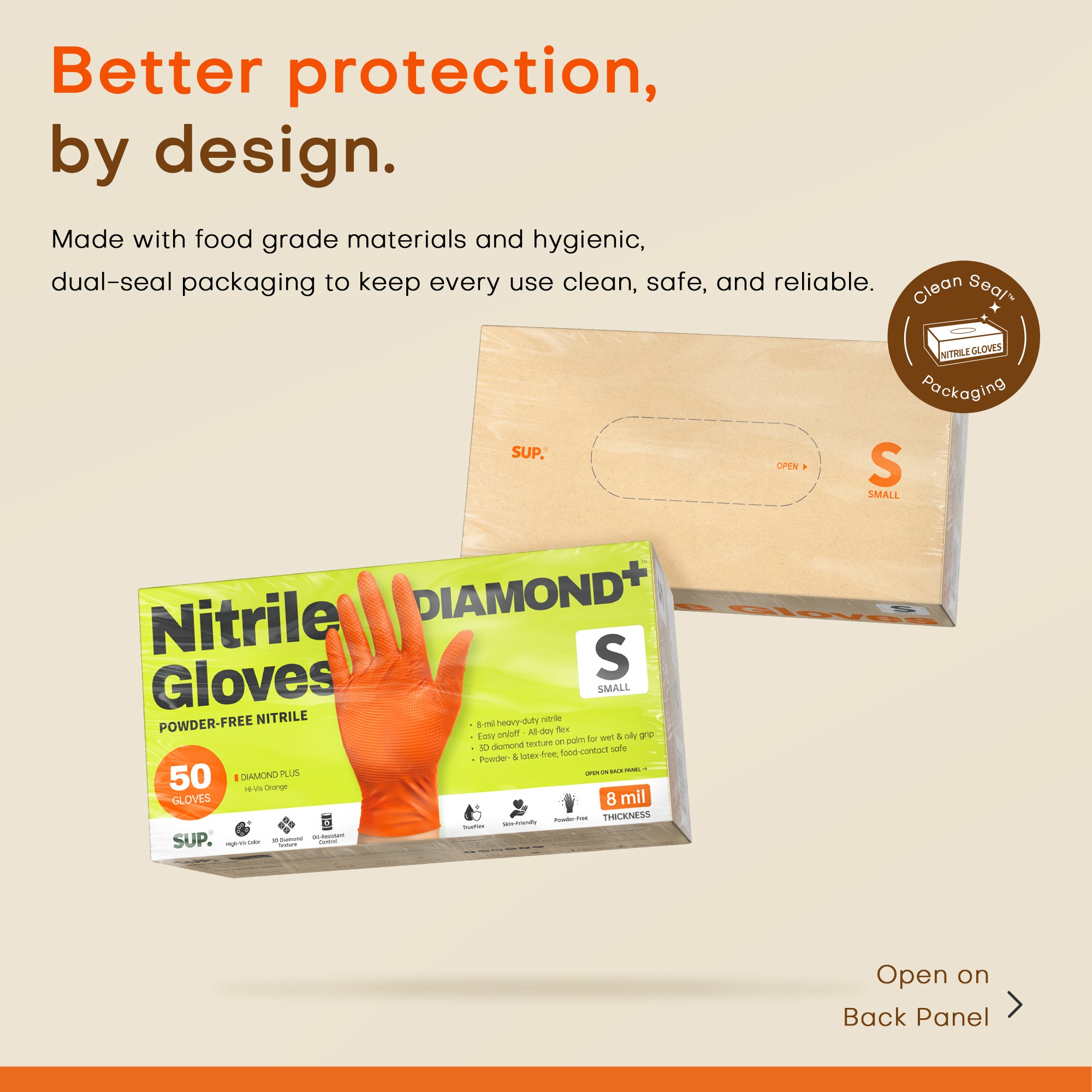SUPER+ HEAVY DUTY Nitrile Gloves 8 Mil Diamond Texture Disposable Chemical Resistant Powder &amp;Latex Free Food Safe Orange 50Ct