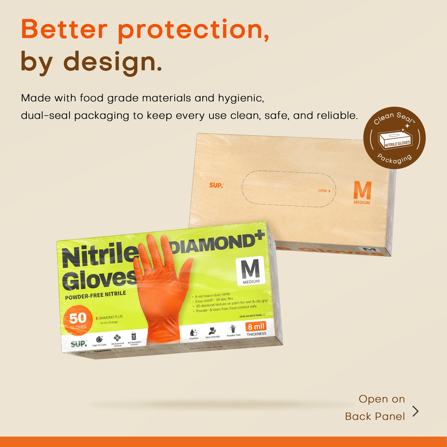 SUPER+ HEAVY DUTY Nitrile Gloves 8 Mil Diamond Texture Disposable Chemical Resistant Powder &amp;Latex Free Food Safe Orange 50Ct