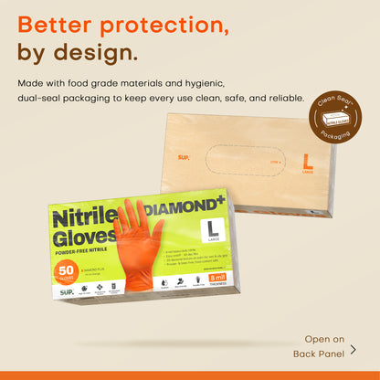 SUPER+ HEAVY DUTY Nitrile Gloves 8 Mil Diamond Texture Disposable Chemical Resistant Powder &amp;Latex Free Food Safe Orange 50Ct
