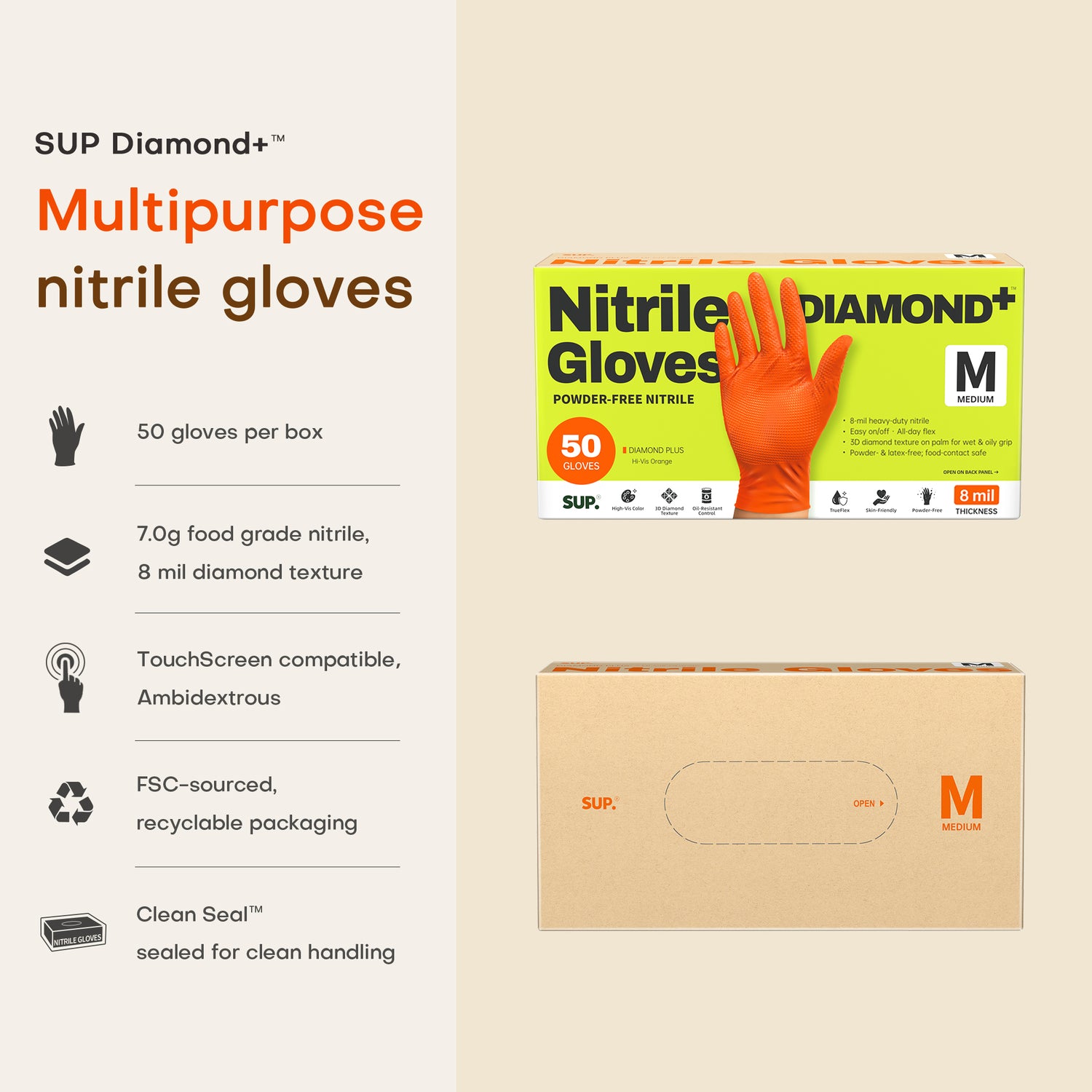 SUPER+ HEAVY DUTY Nitrile Gloves 8 Mil Diamond Texture Disposable Chemical Resistant Powder &amp;Latex Free Food Safe Orange 50Ct