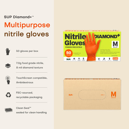 SUPER+ HEAVY DUTY Nitrile Gloves 8 Mil Diamond Texture Disposable Chemical Resistant Powder &amp;Latex Free Food Safe Orange 50Ct