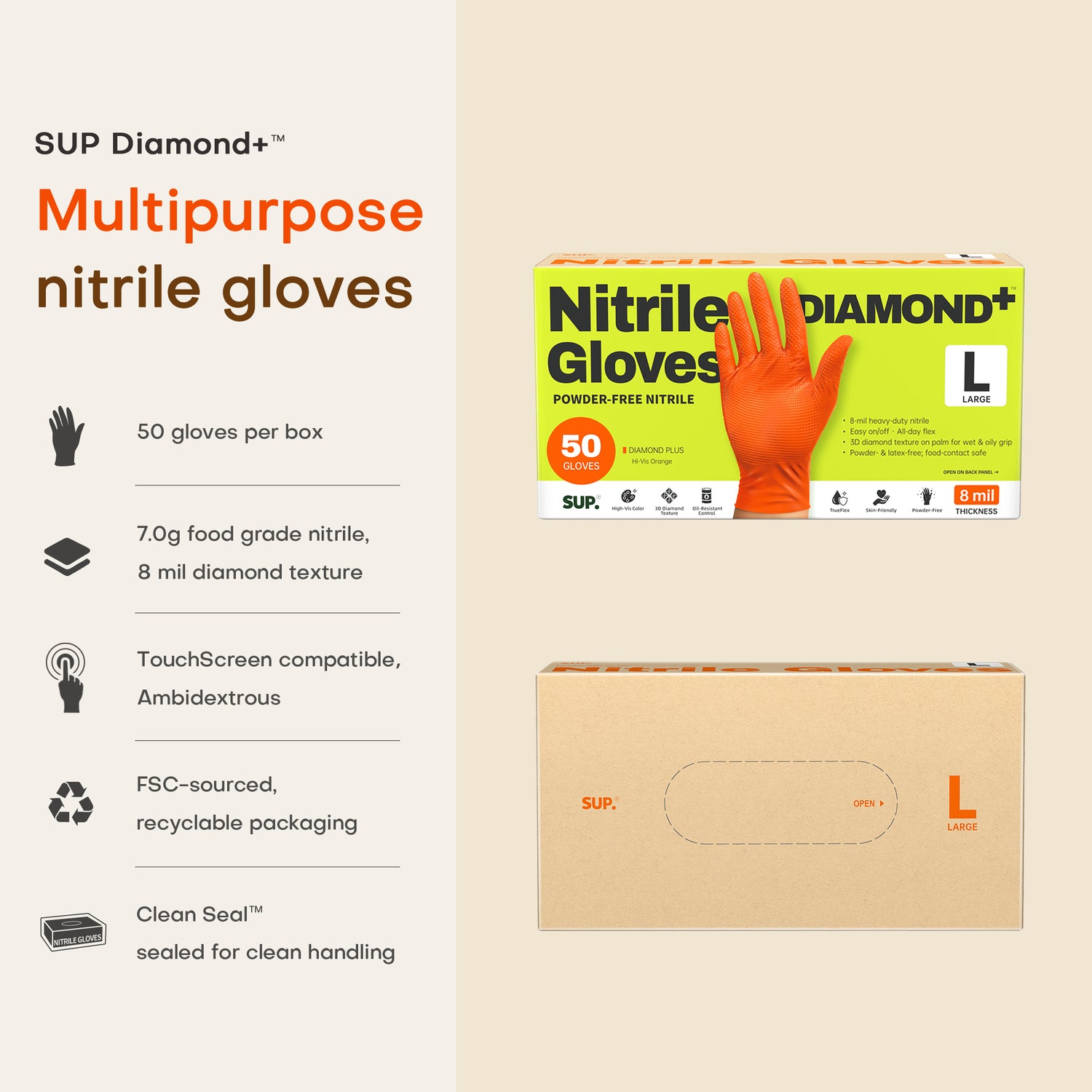 SUPER+ HEAVY DUTY Nitrile Gloves 8 Mil Diamond Texture Disposable Chemical Resistant Powder &amp;Latex Free Food Safe Orange 50Ct