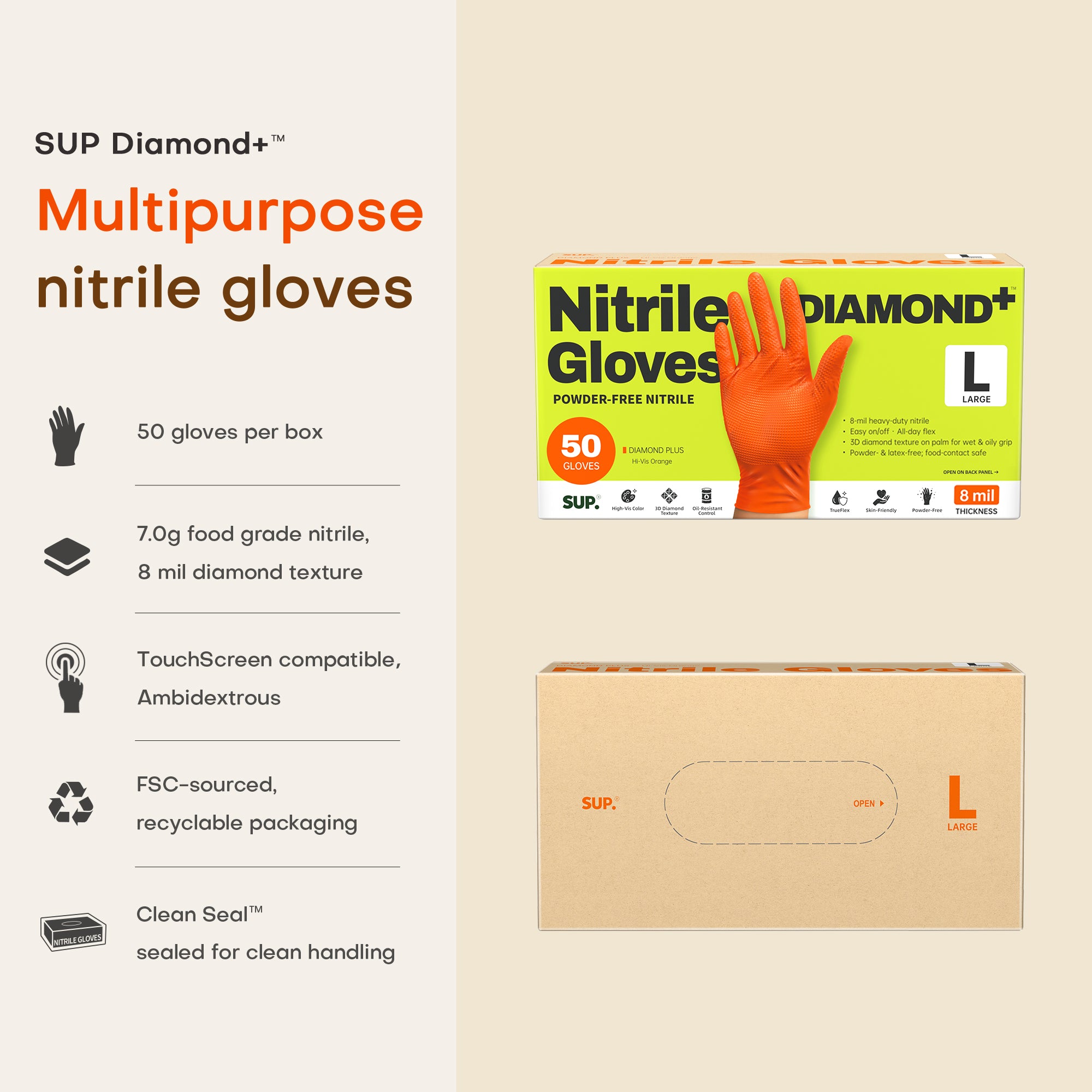 SUPER+ HEAVY DUTY Nitrile Gloves 8 Mil Diamond Texture Disposable Chemical Resistant Powder &amp;Latex Free Food Safe Orange 50Ct