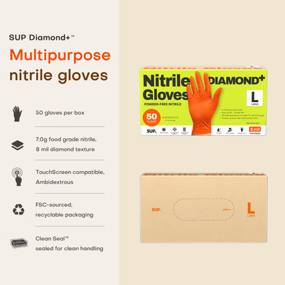 SUPER+ HEAVY DUTY Nitrile Gloves 8 Mil Diamond Texture Disposable Chemical Resistant Powder &amp;Latex Free Food Safe Orange 50Ct