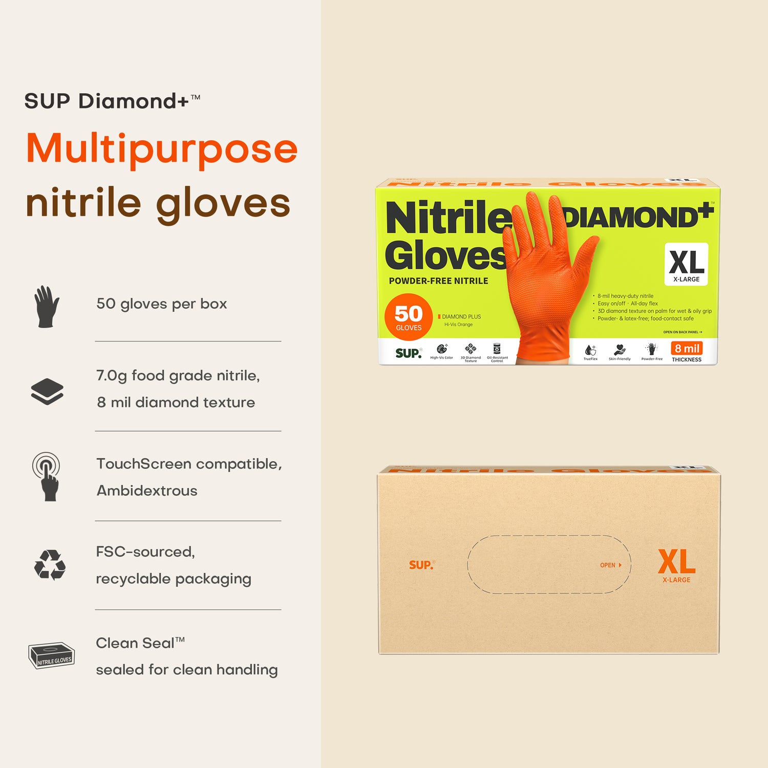 SUPER+ HEAVY DUTY Nitrile Gloves 8 Mil Diamond Texture Disposable Chemical Resistant Powder &amp;Latex Free Food Safe Orange 50Ct