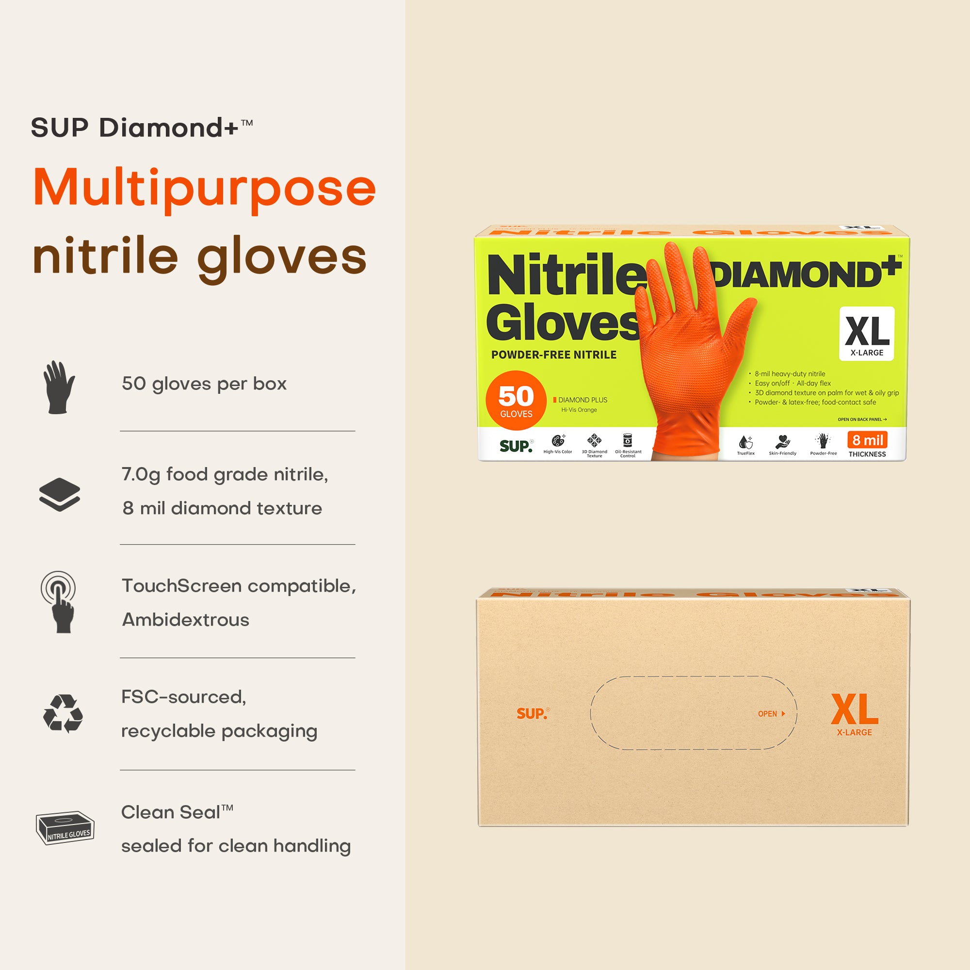 SUPER+ HEAVY DUTY Nitrile Gloves 8 Mil Diamond Texture Disposable Chemical Resistant Powder &amp;Latex Free Food Safe Orange 50Ct