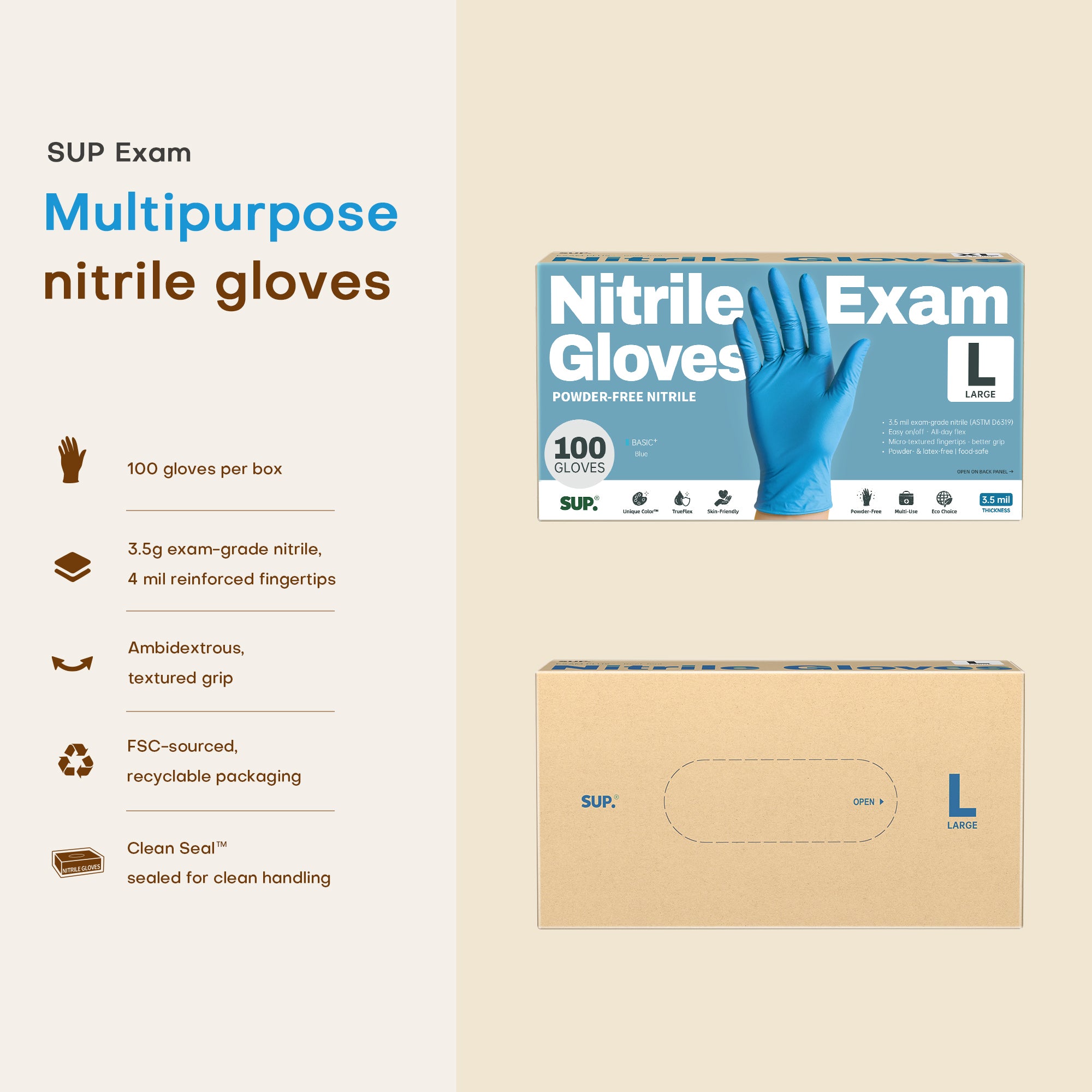 BASIC+ Nitrile Gloves, 100 Count, Powder &amp; Latex Free Medical Non-Sterile Disposable Glove, Blue