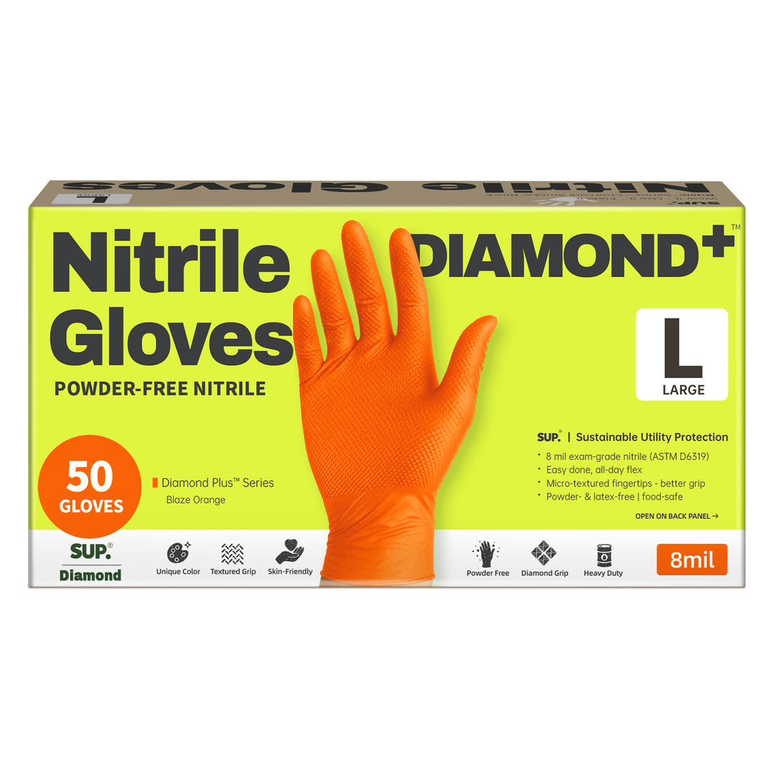 DIAMOND PLUS™ HEAVY DUTY Nitrile Gloves 8 Mil Diamond Texture Disposable Powder &amp; Latex Free For Medical Exam Orange 50 Ct