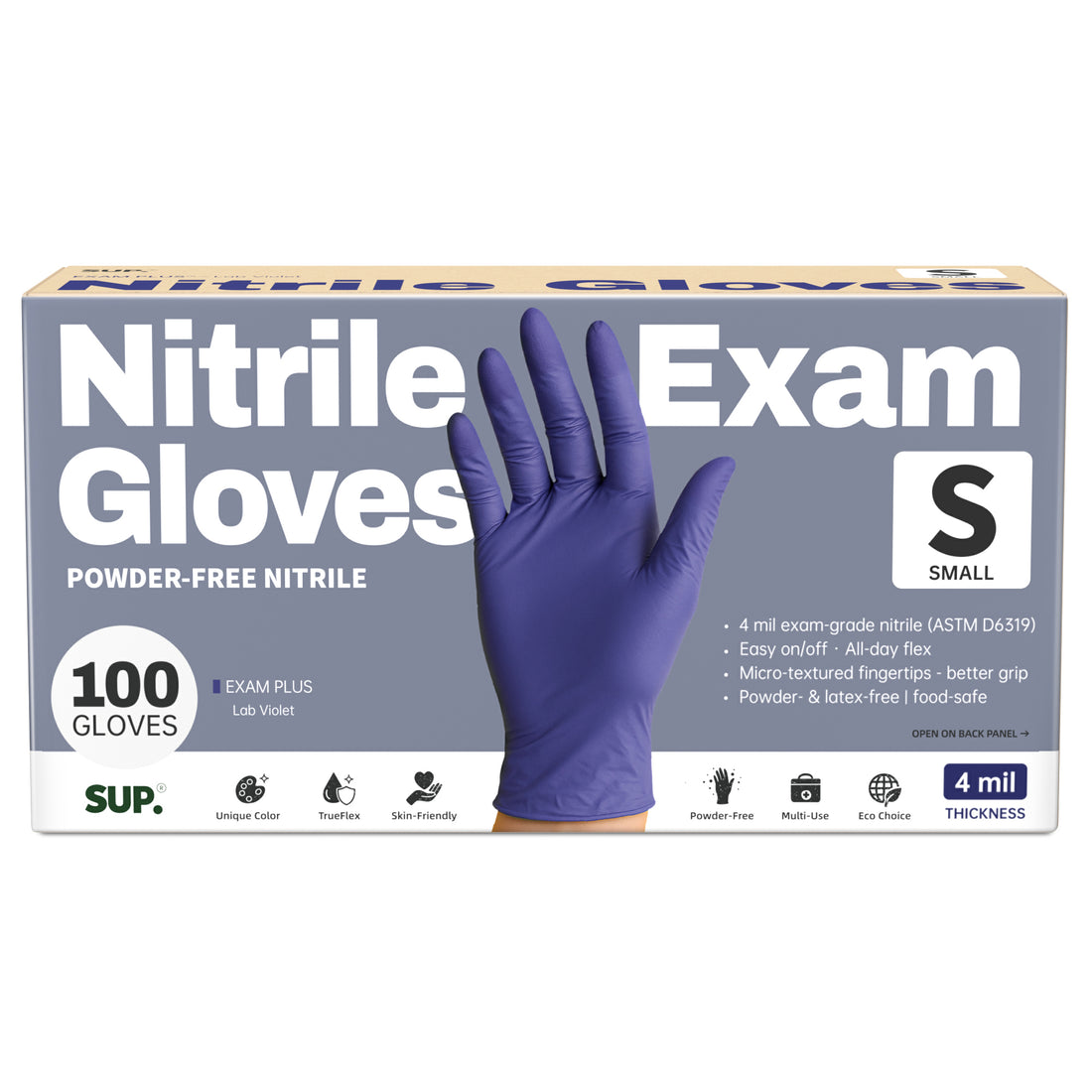 SUP Powder-Free Nitrile Gloves, 100 Count, Food Safe Latex-Free Medical Non-Sterile Cooking Disposable Glove, Blue Violet