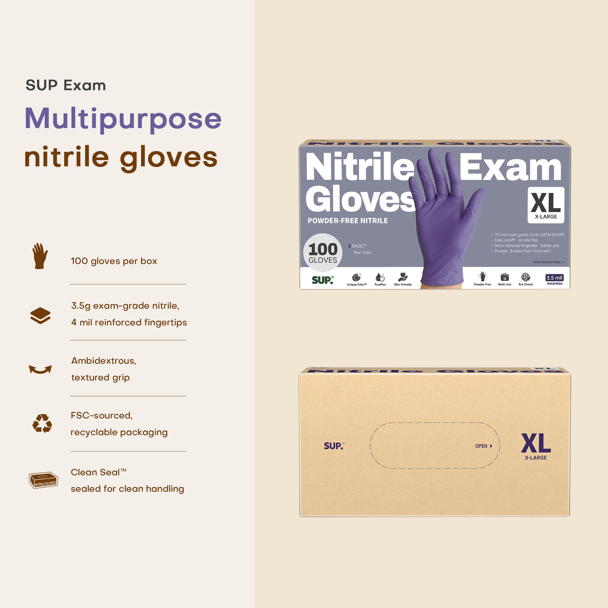 BASIC+ Nitrile Gloves, 100 Count, Powder &amp; Latex Free Medical Non-Sterile Disposable Glove, Blue Violet