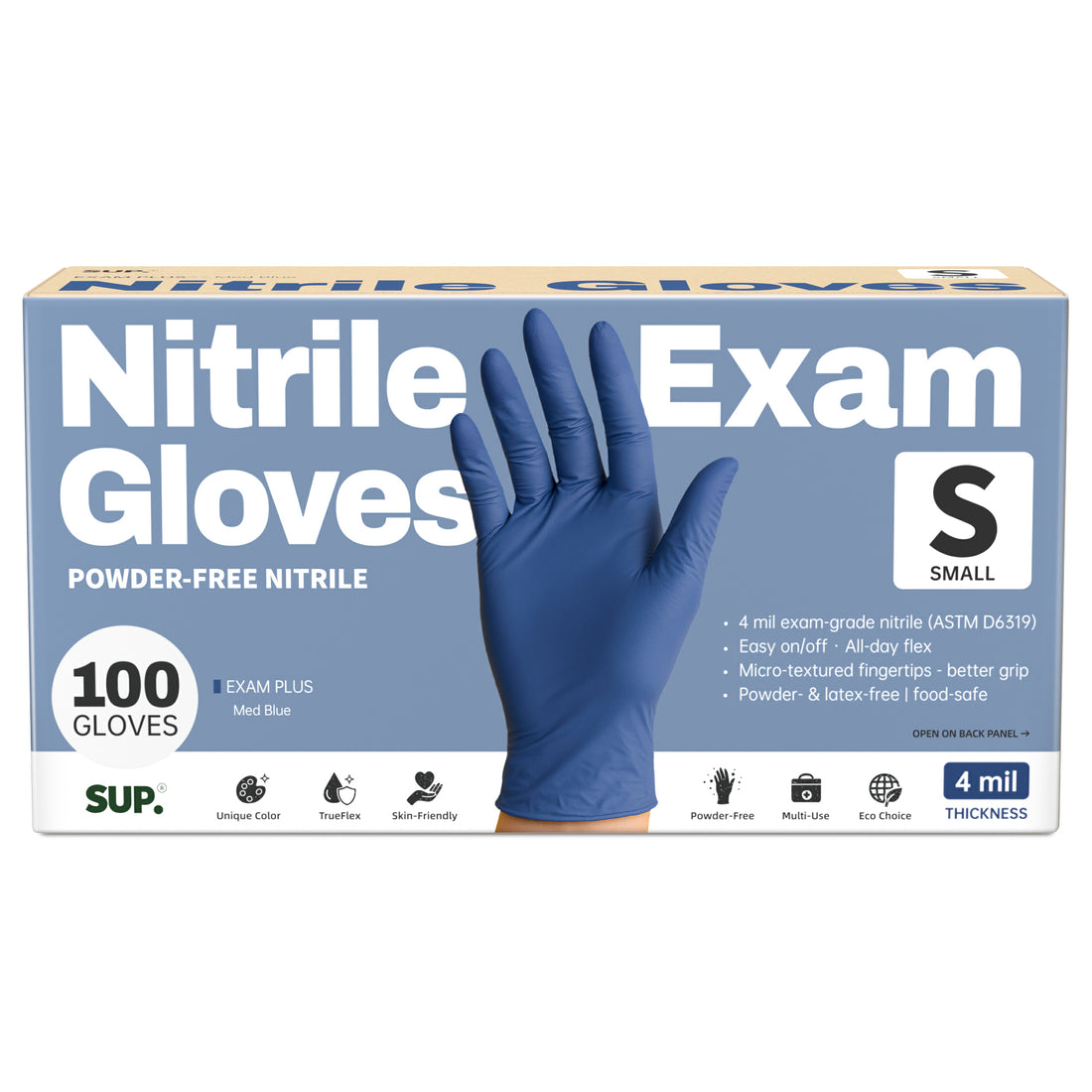 SUP Powder-Free Nitrile Gloves, 100 Count, Food Safe Latex-Free Medical Non-Sterile Cooking Disposable Glove, Blue