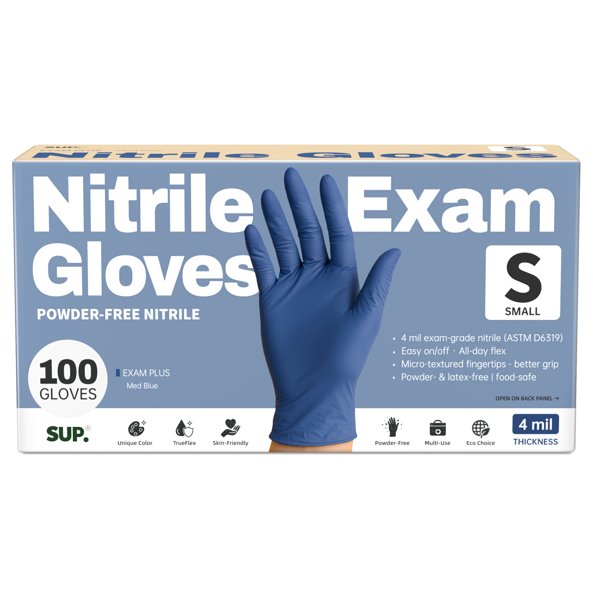 SUP Powder-Free Nitrile Gloves, 100 Count, Food Safe Latex-Free Medical Non-Sterile Cooking Disposable Glove, Blue