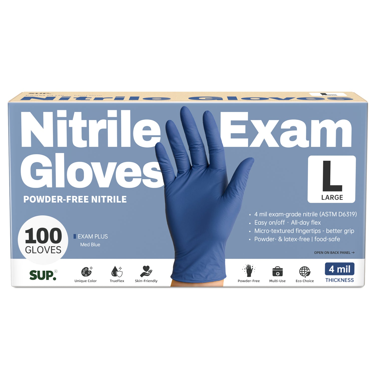 SUP Powder-Free Nitrile Gloves, 100 Count, Food Safe Latex-Free Medical Non-Sterile Cooking Disposable Glove, Blue