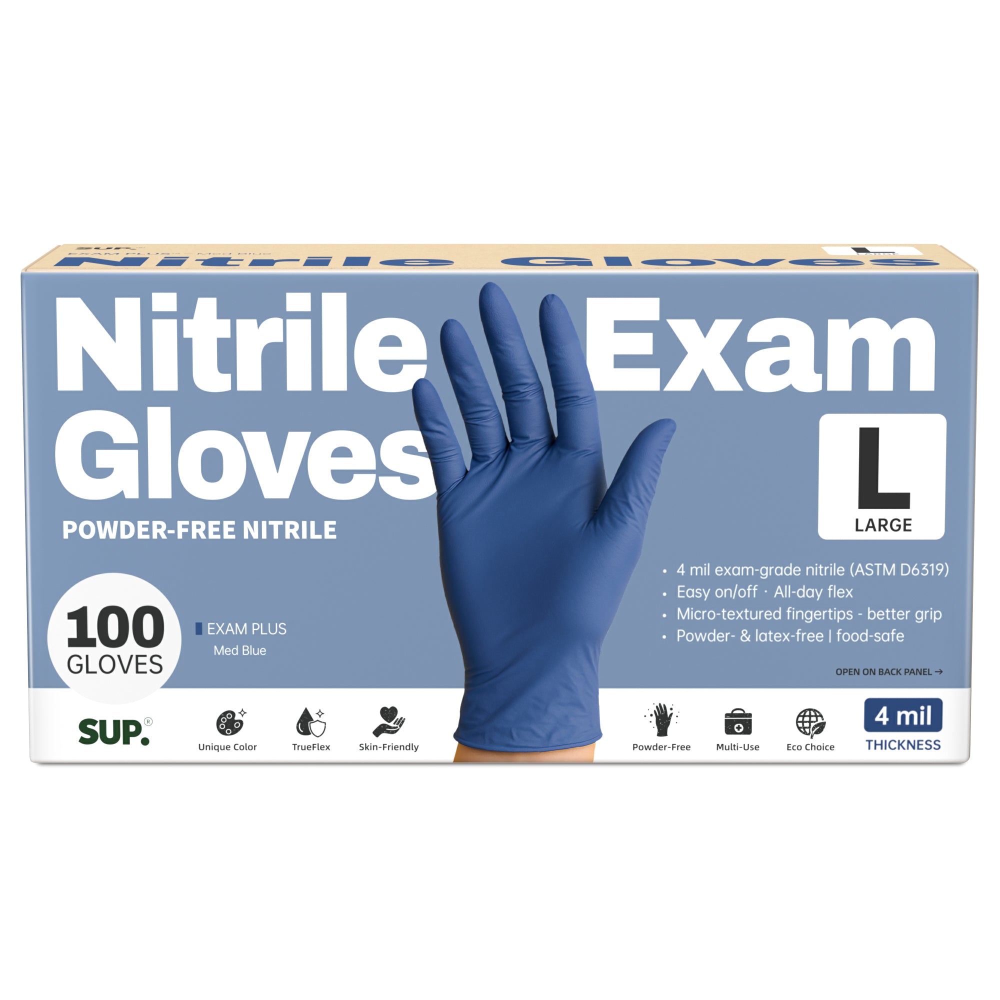 SUP Powder-Free Nitrile Gloves, 100 Count, Food Safe Latex-Free Medical Non-Sterile Cooking Disposable Glove, Blue