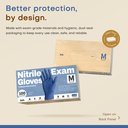 SUP Powder-Free Nitrile Gloves, 100 Count, Food Safe Latex-Free Medical Non-Sterile Cooking Disposable Glove, Blue
