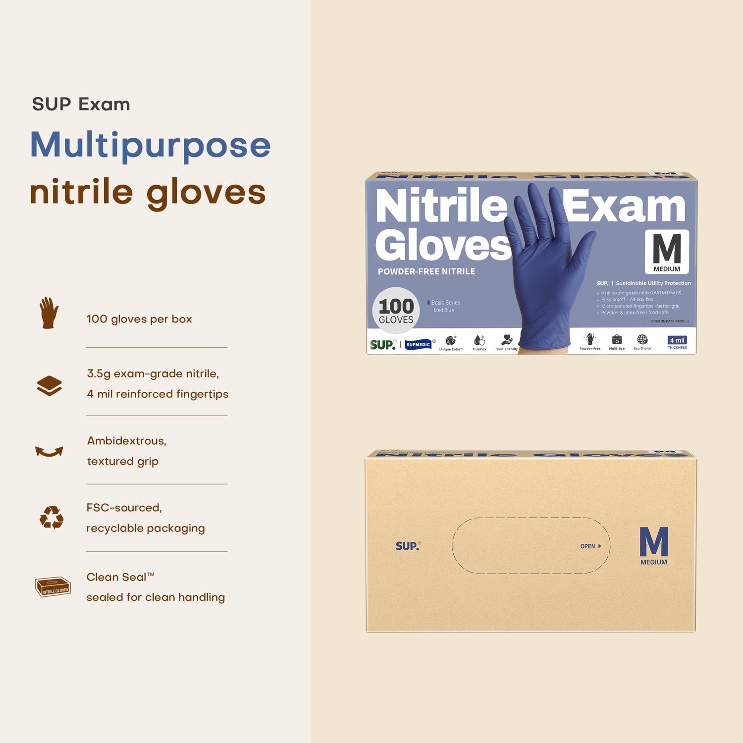 BASIC Series Nitrile Gloves, 100 Count, Powder &amp; Latex Free Medical Non-Sterile Disposable Glove, Med Blue
