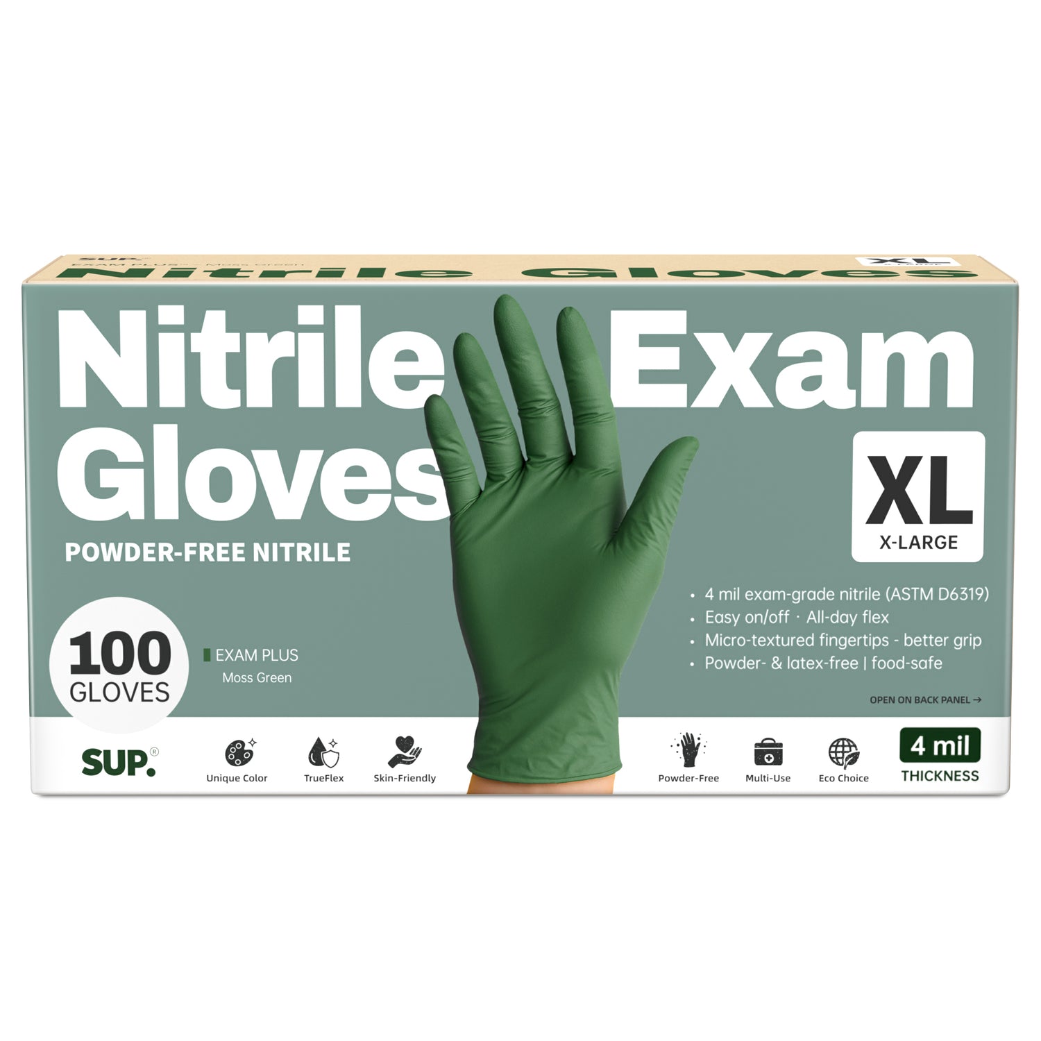 SUP Powder-Free Nitrile Gloves, 100 Count, Food Safe Latex-Free Medical Non-Sterile Cooking Disposable Glove, Green