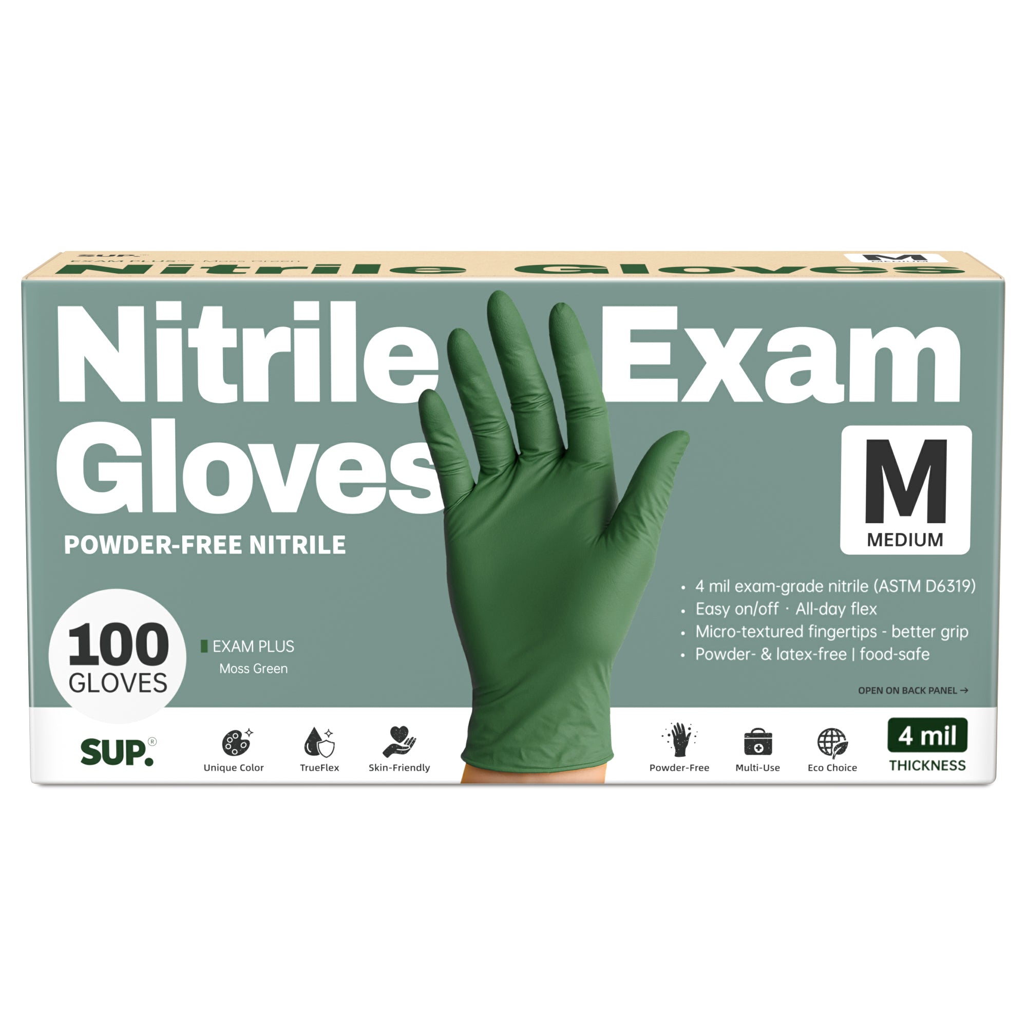 SUP Powder-Free Nitrile Gloves, 100 Count, Food Safe Latex-Free Medical Non-Sterile Cooking Disposable Glove, Green