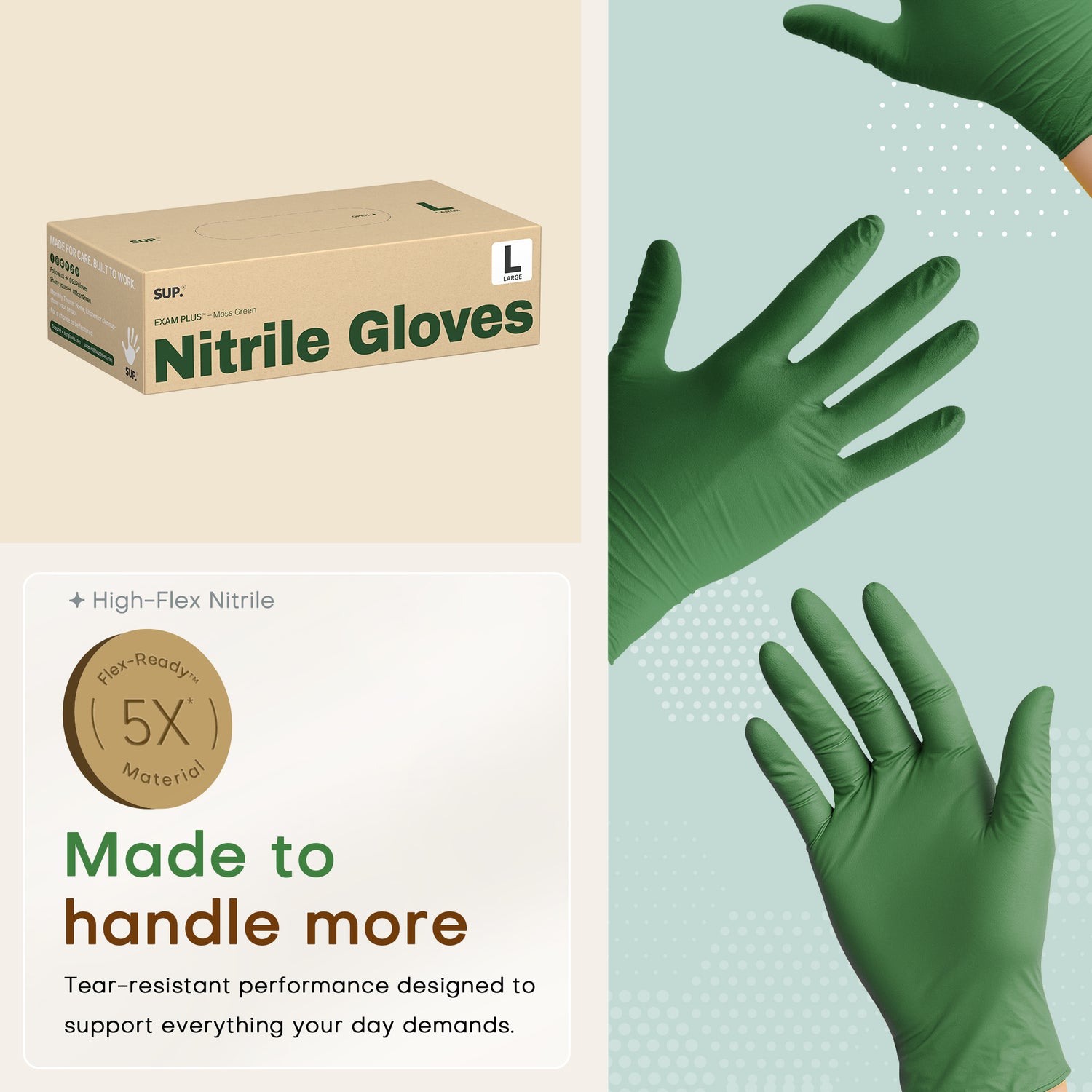 SUP Powder-Free Nitrile Gloves, 100 Count, Food Safe Latex-Free Medical Non-Sterile Cooking Disposable Glove, Green