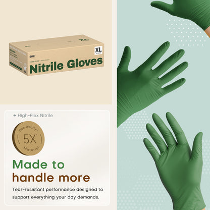 SUP Powder-Free Nitrile Gloves, 100 Count, Food Safe Latex-Free Medical Non-Sterile Cooking Disposable Glove, Green