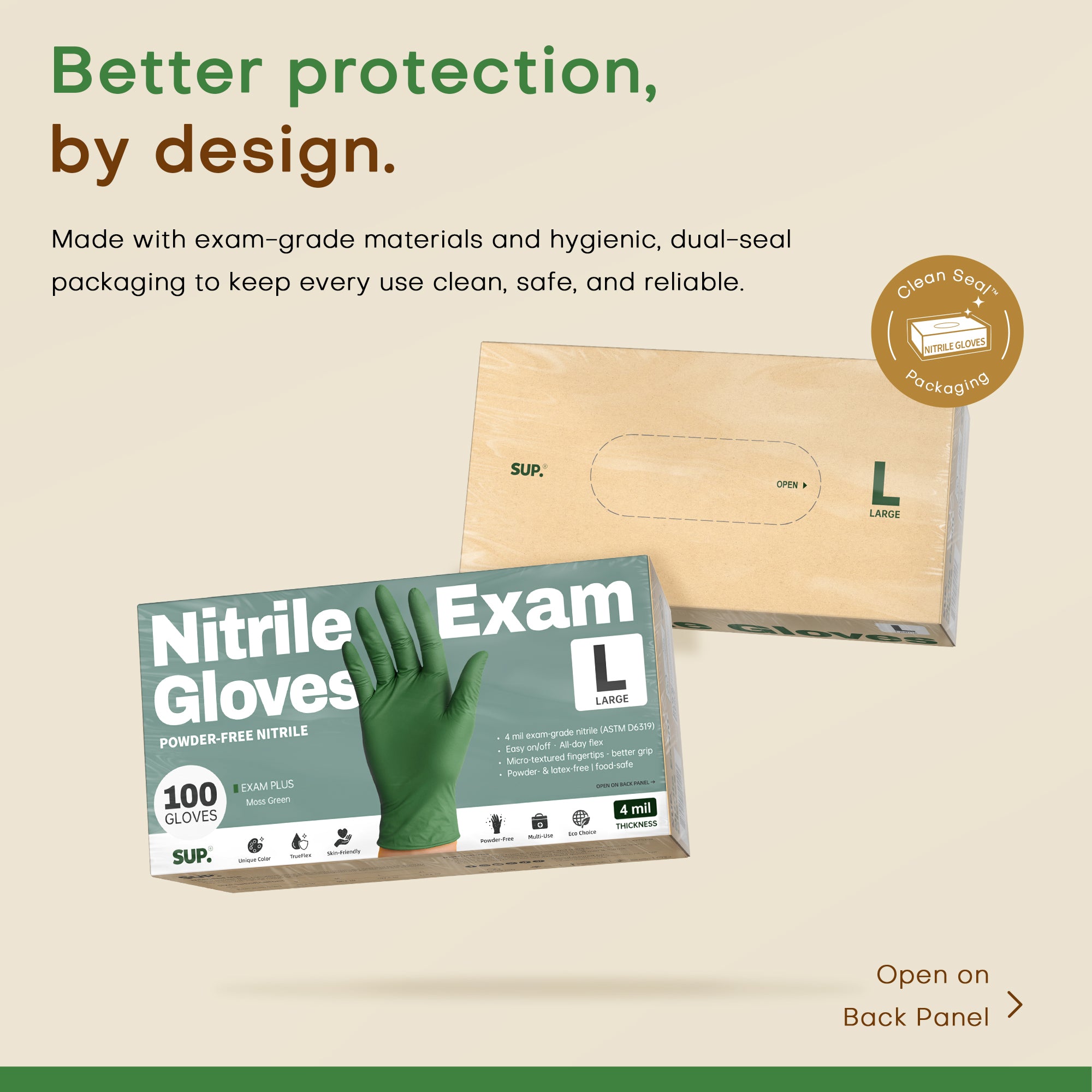 SUP Powder-Free Nitrile Gloves, 100 Count, Food Safe Latex-Free Medical Non-Sterile Cooking Disposable Glove, Green