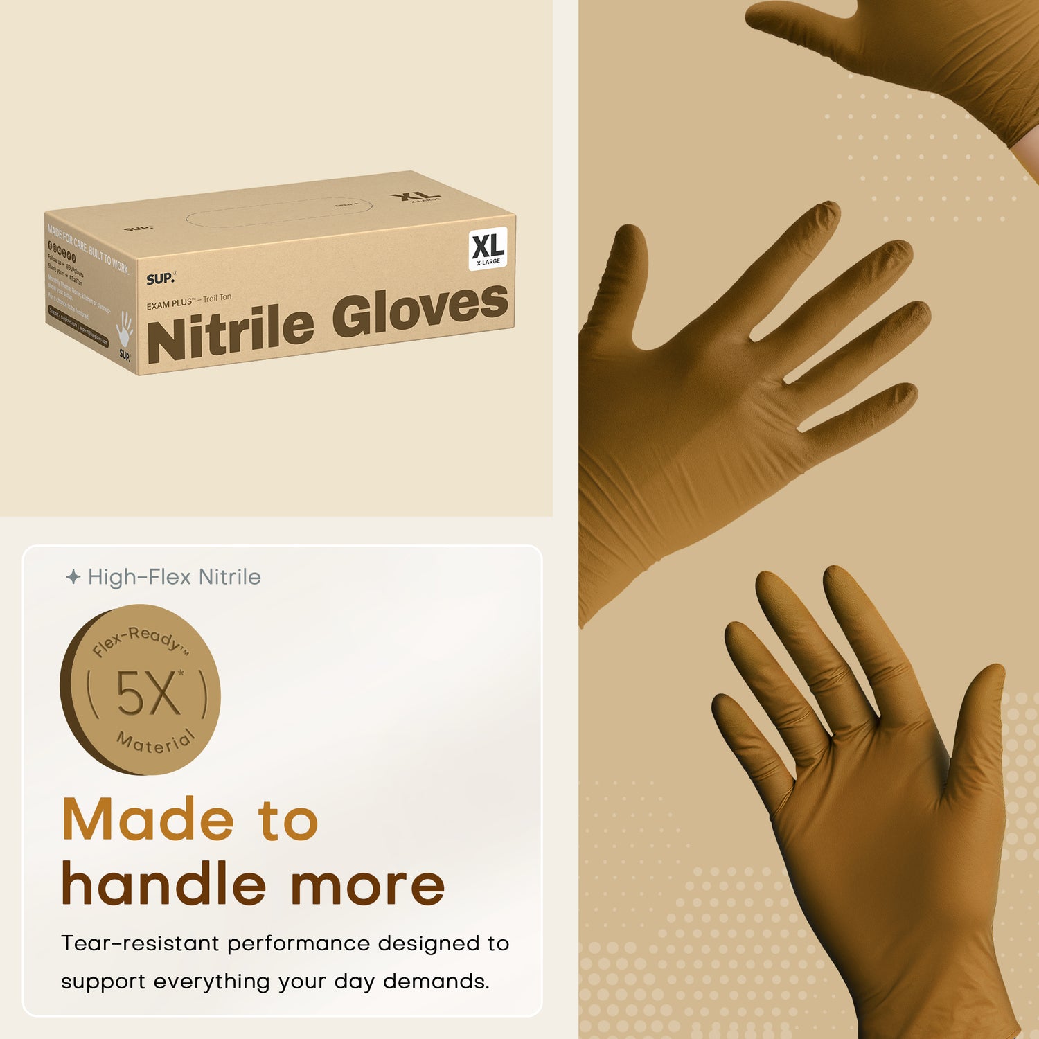 SUP Powder-Free Nitrile Gloves, 100 Count, Food Safe Latex-Free Medical Non-Sterile Cooking Disposable Glove, Tan