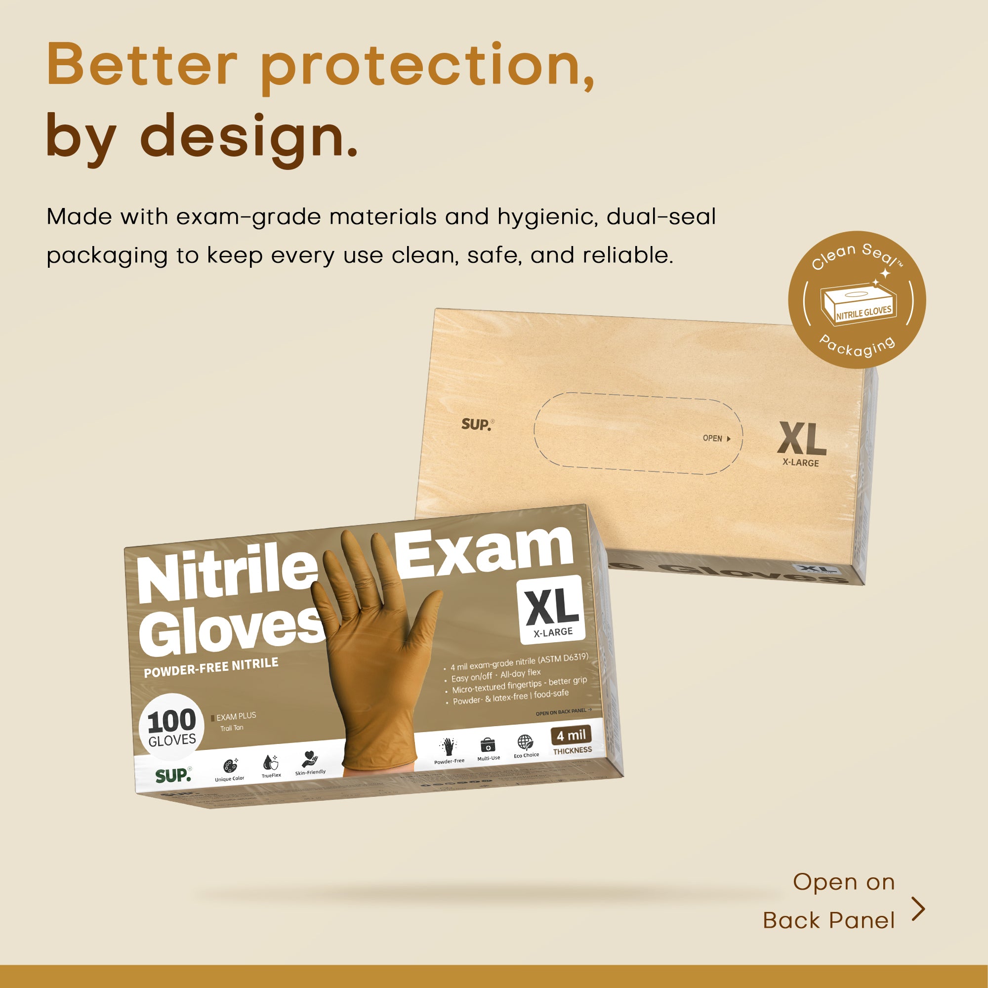 SUP Powder-Free Nitrile Gloves, 100 Count, Food Safe Latex-Free Medical Non-Sterile Cooking Disposable Glove, Tan